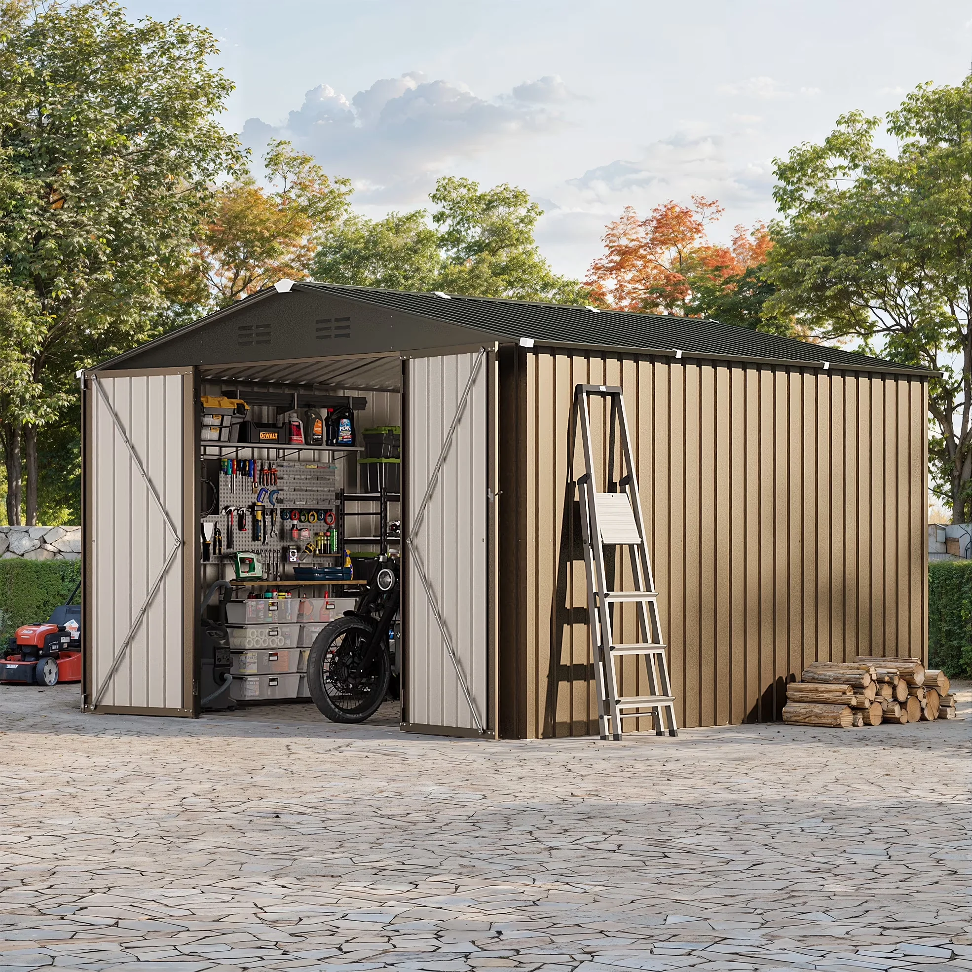 Shed Classic with Lockable Door, Uv Resistant, Rust Resistant - Brown With A Black Cap Steel for Garden Model C68B3D