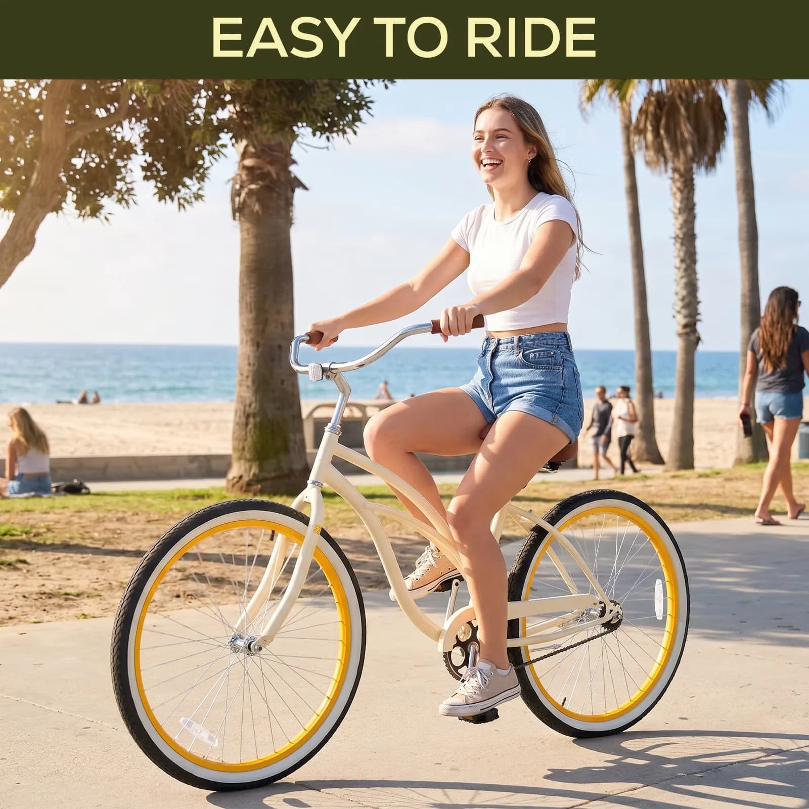 Versatile Cruiser Bike with Adjustable Seat, 24 inch Beach Bicycle Single Speed - White Model D5DBDD