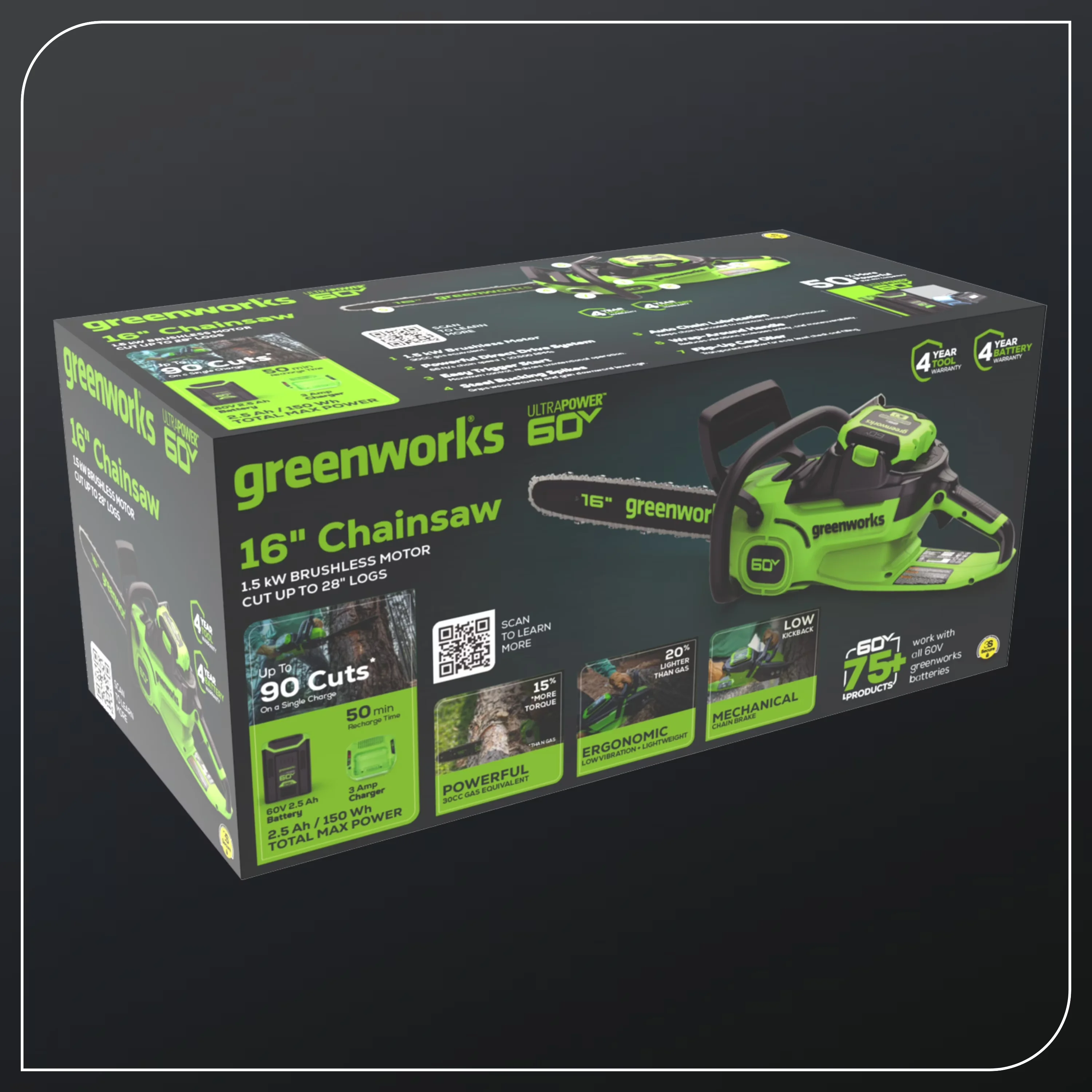 Sleek Chainsaw with Battery, 60V, 60V 16" 1.5kW Brushless - Long-Lasting Performance Model AE5788