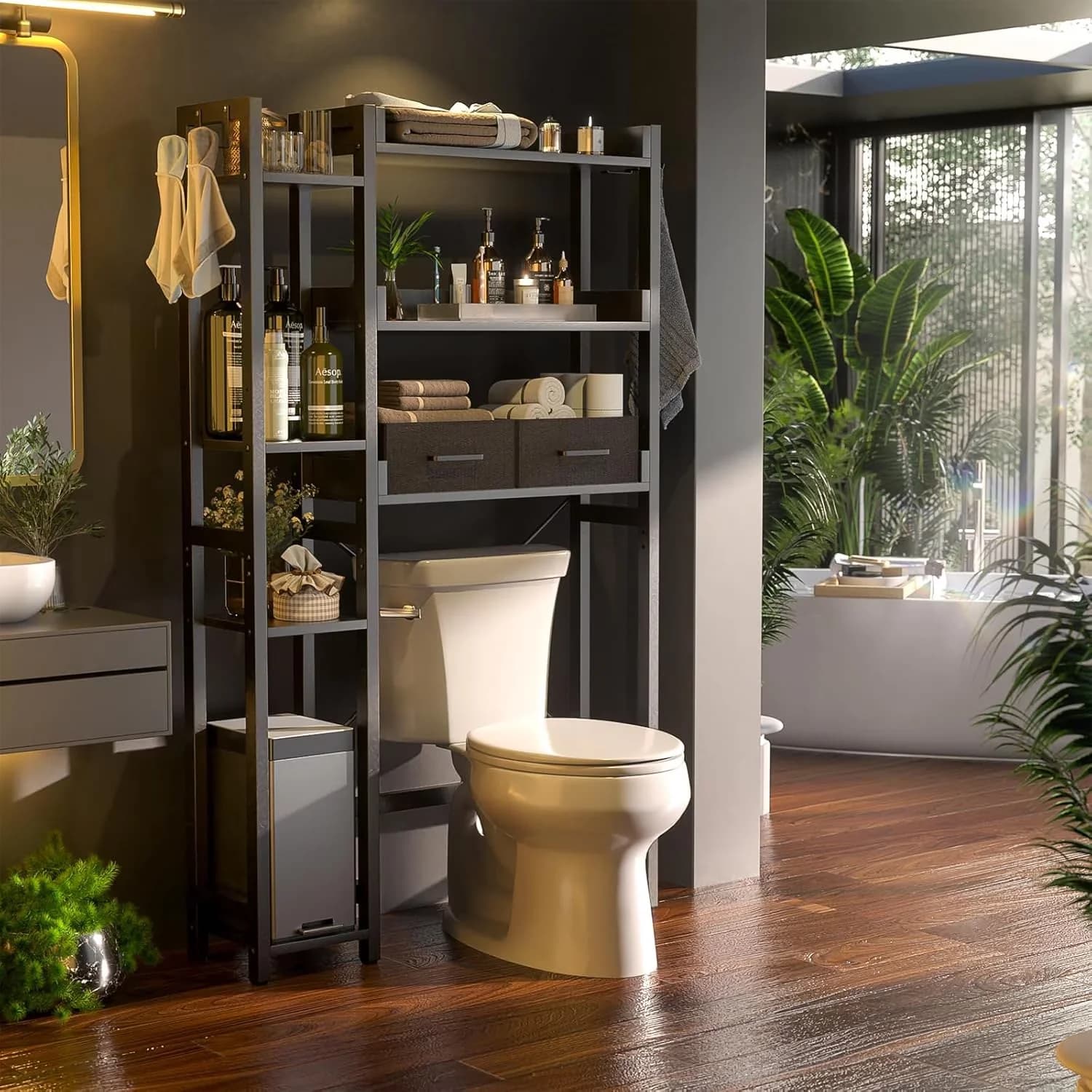 Bathroom Renovation Premium with Divided, Hanging, Over the Toilet Storage Upgraded version - Black Mdf Board, Metal Model 5AF62B