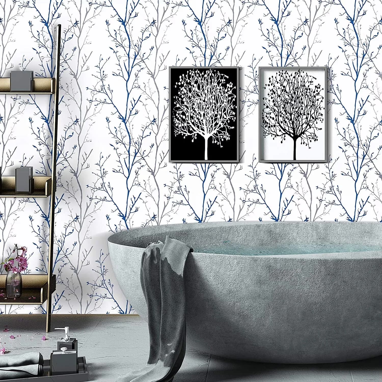 Modern Wallpaper with Removable, 17.7" x 118", Back design with grid design,easy to cut - Blue Polyvinyl Chloride Model C46BDD