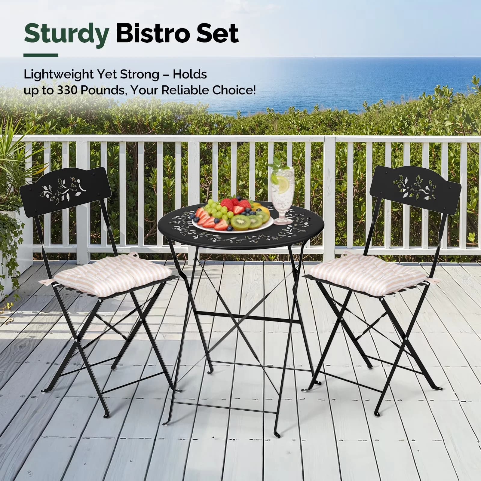 Patio Dining Set Premium with Waterproof, 3 Pieces Small Folding Bistro, Foldable Conversation w/Cushion - Iron Frame, Chinese Fir... Model 4F1C62