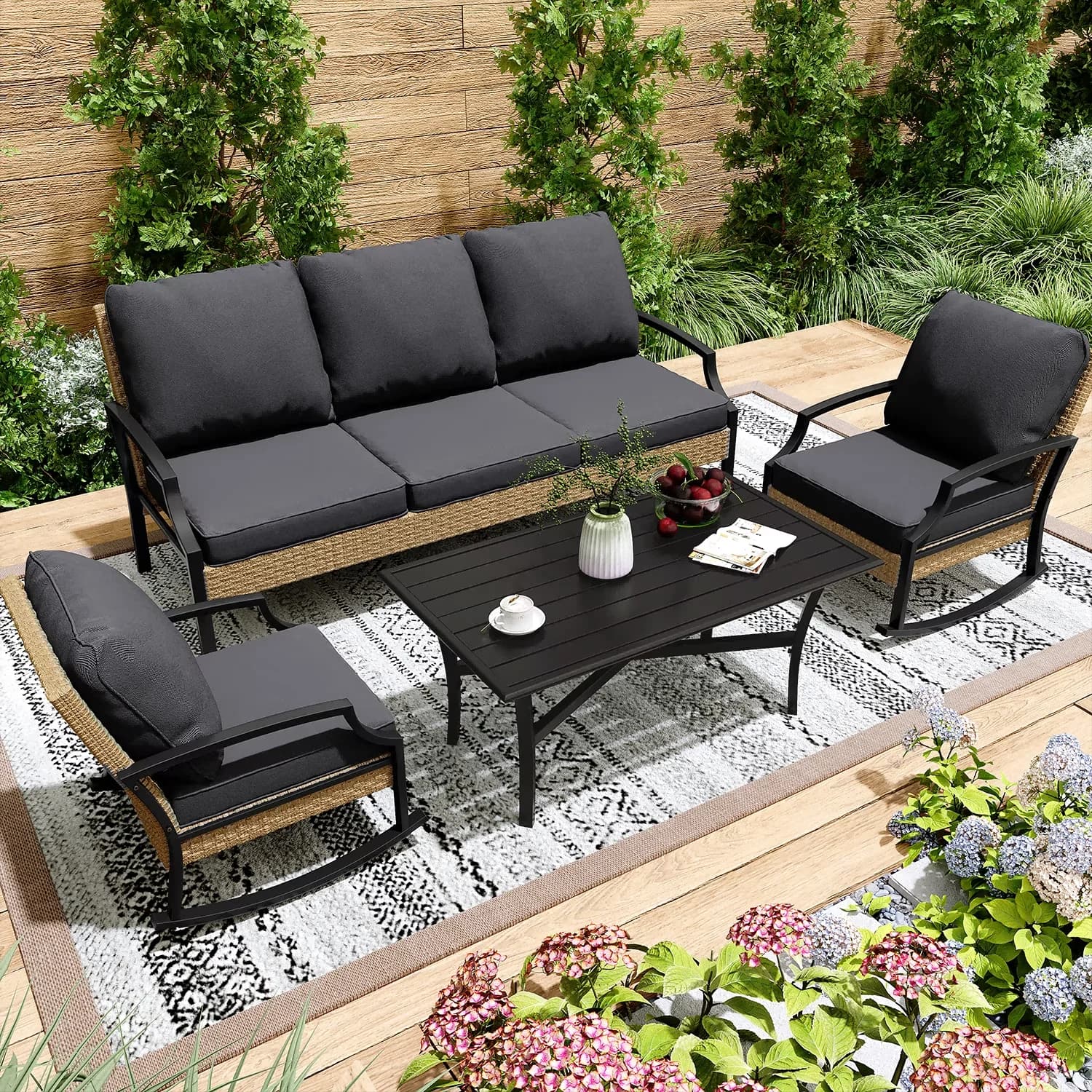Premium Patio Conversation Set with Weatherproof, Wicker Rattan Sets, Color:Dark Grey & Black - Dark Grey Rattan, Metal, Fabric Model F389B5
