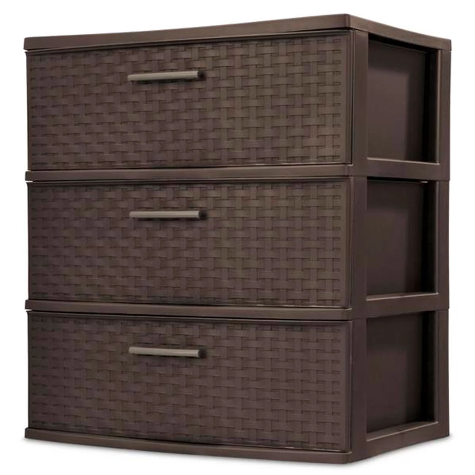 Essential Garage Storage Supply with Carrying Handles, Espresso, Wide 3 Drawer Weave Tower - Brown Plastic Model 98FE81