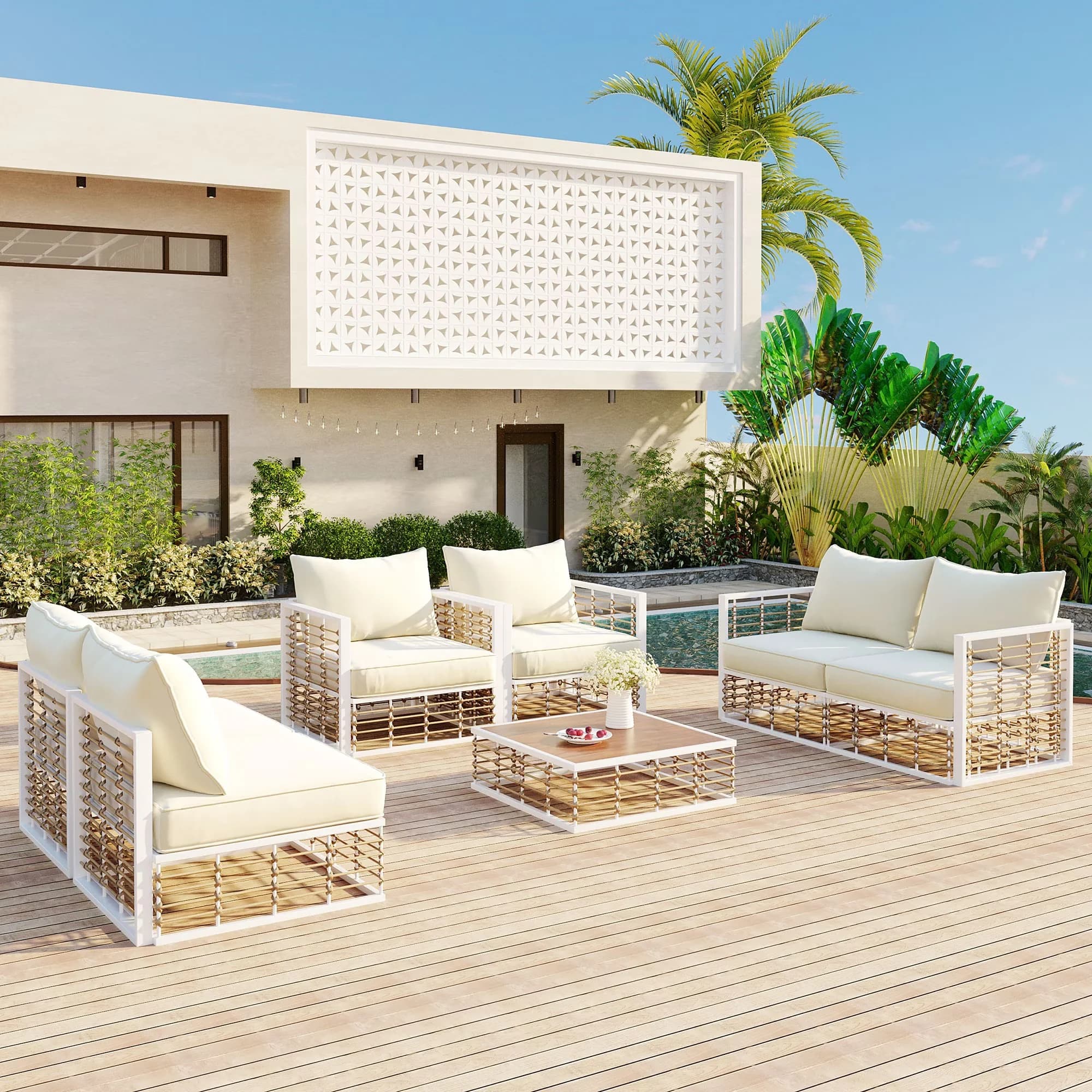 Outdoor Sofas Sectional Stylish with Modern, Water-Resistant, Thick Cushions and Coffee Table - Metal White for Indoor, Outdoor Model AC97A3