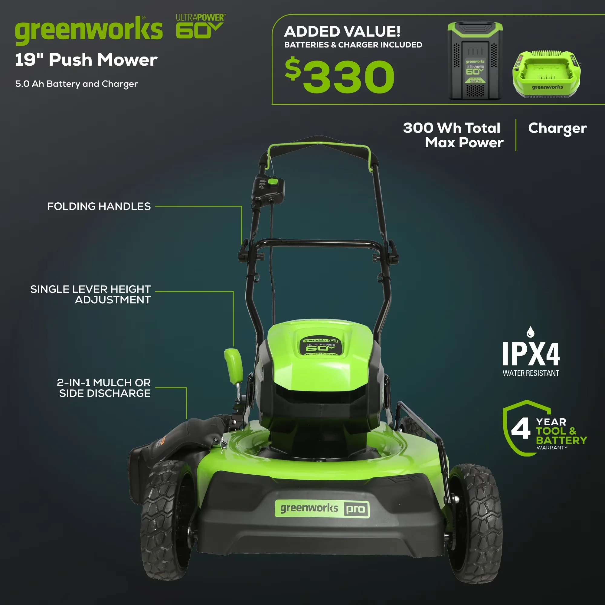 Reliable Push Mower with Battery, 60V, Bagger - Professional Series Model D40FA9