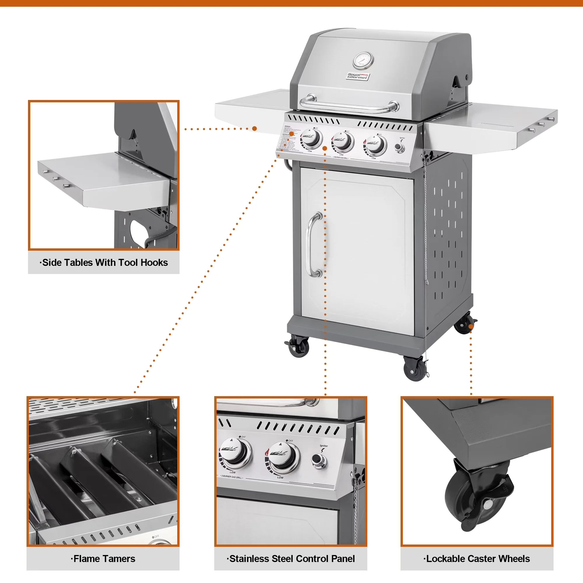 Essential Gas Grill with Warming Rack, 3-Burner Propane - Silver Stainless Steel Model 8105E1
