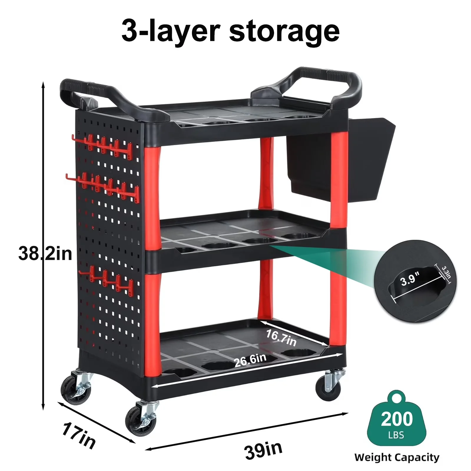 Efficient Toolstorage with Heavy Duty Rolling Tool Utility Cart, Wheels, Bucket Panel and Hanging Boards - Plastic Black Model A6385A