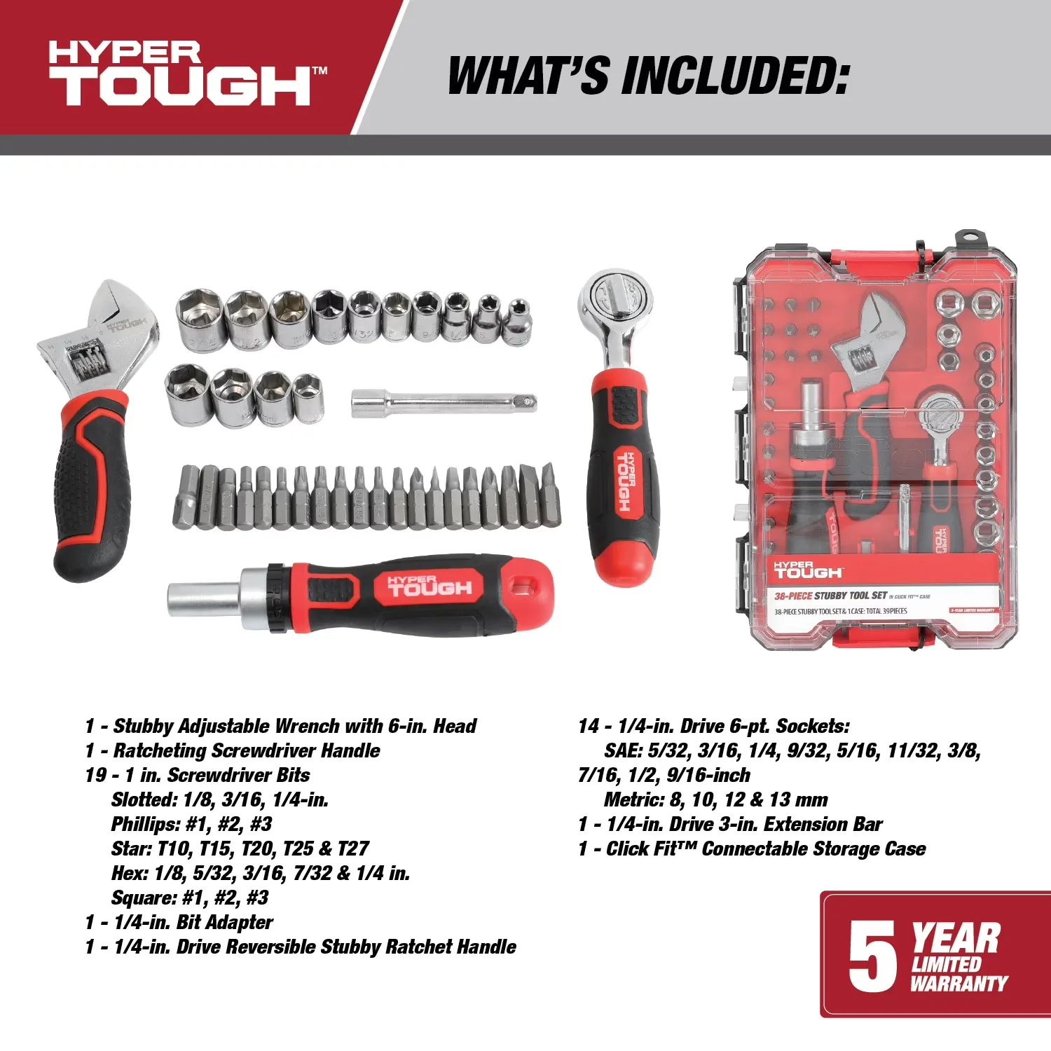 Hand Tool Essential with Reversible, Adjustable, 38-Piece Stubby Set in Click Fit™ Case - Black Model 3CF282