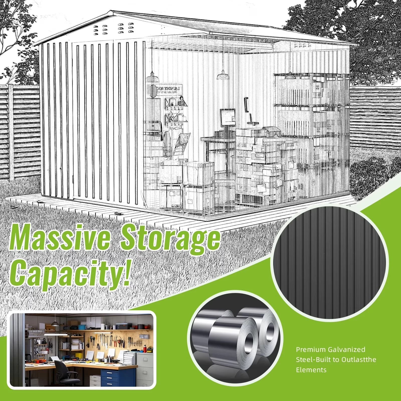 Innovative Shed with Uv Resistant, Lockable Door, 8 x 8 ft Metal Outdoor Storage - Black Metal Model 8FC672