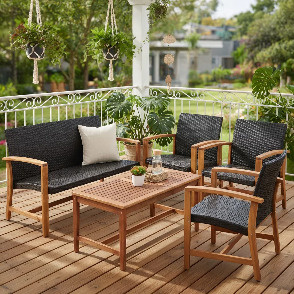 Stylish Patio Conversation Set with Weatherproof, 3 Pieces Rattan Bistro Furniture - Brown Pe Rattan, Acacia Wood, Stee Model 3B3CC7