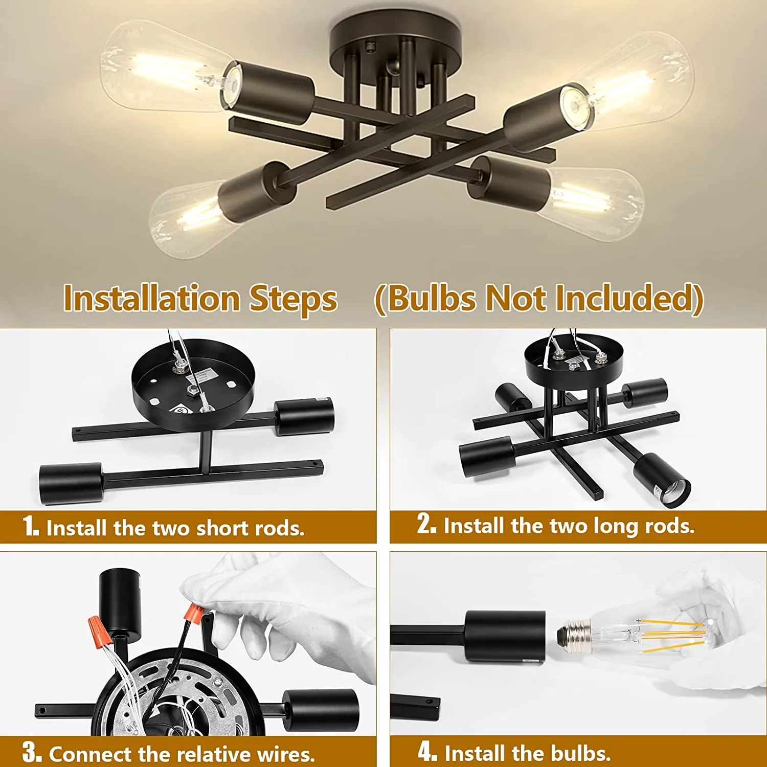 Efficient Ceiling Lights Fixture with Incandescent, Farmhouse, Dimmable - Metal Black for Kitchen Model 92F723