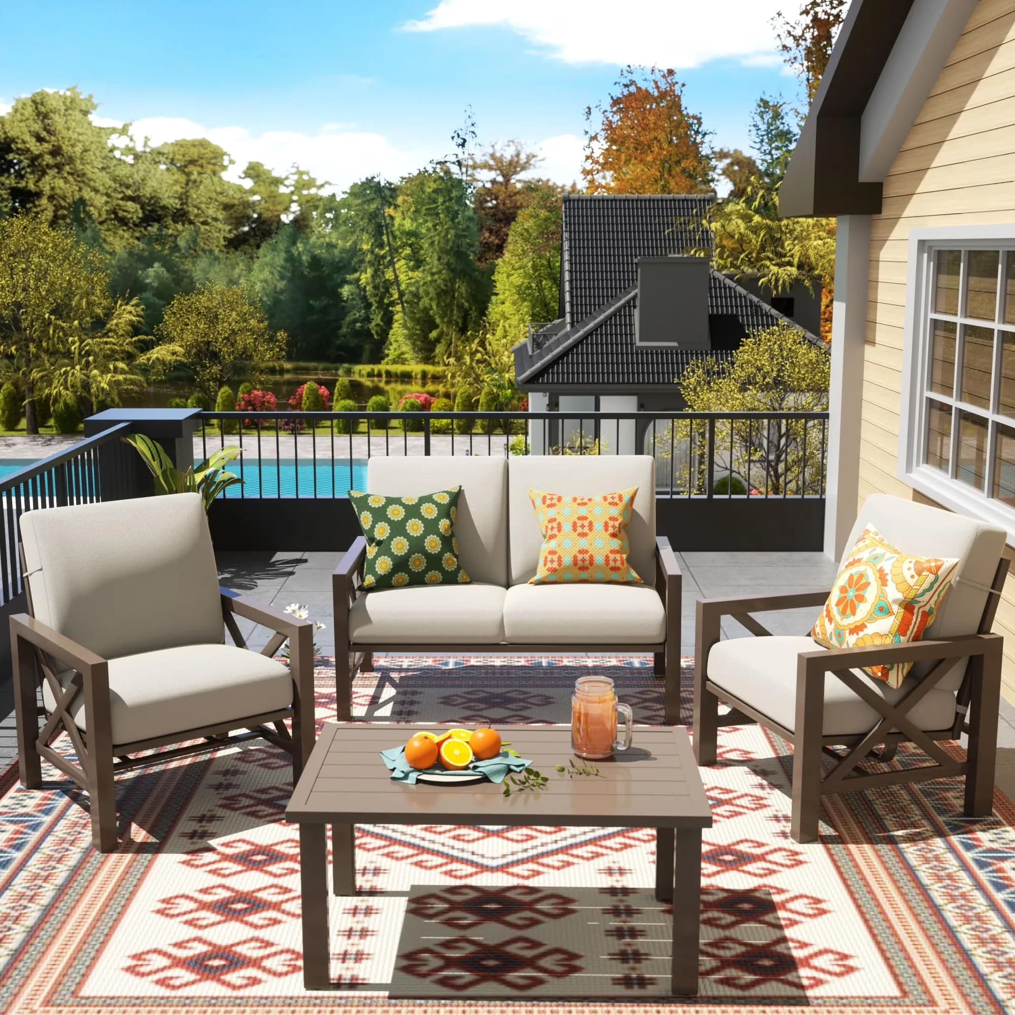 Efficient Patio Conversation Set with Weatherproof, 2 Motion Rocking Chairs - Beige Metal Model E721CD