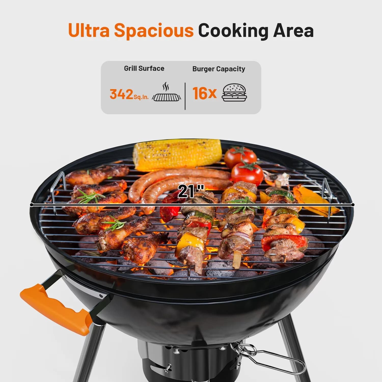 Charcoal Grill Versatile with Adjustable Charcoal Tray, Removable Ash Catcher, Heat Thermometer - Black Metal, Stainless Steel Model F49BA3