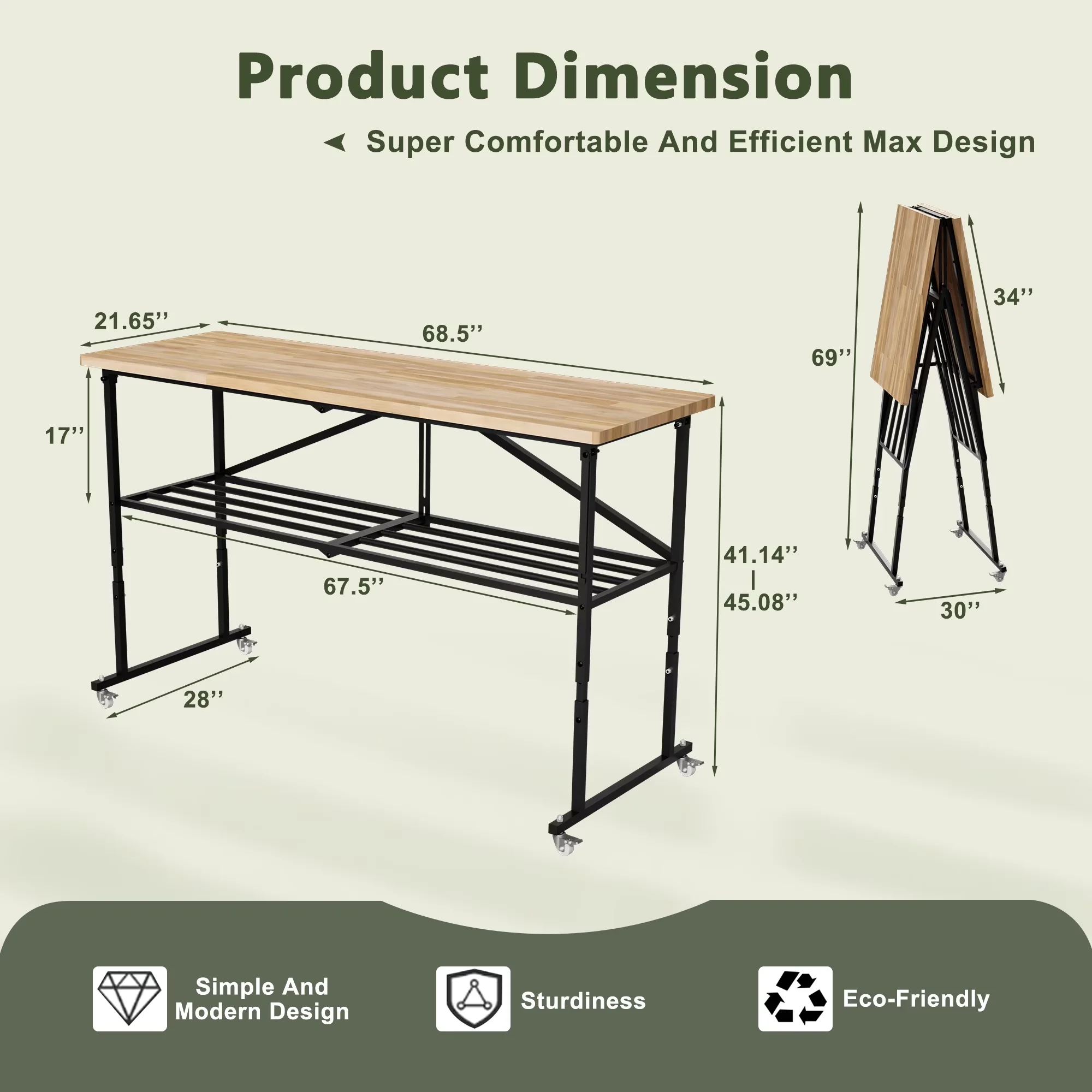 Efficient Toolstorage with Portable, Heavy-Duty, 68" Folding Workbench - Brown Wood,Metal for Office Model D613A8