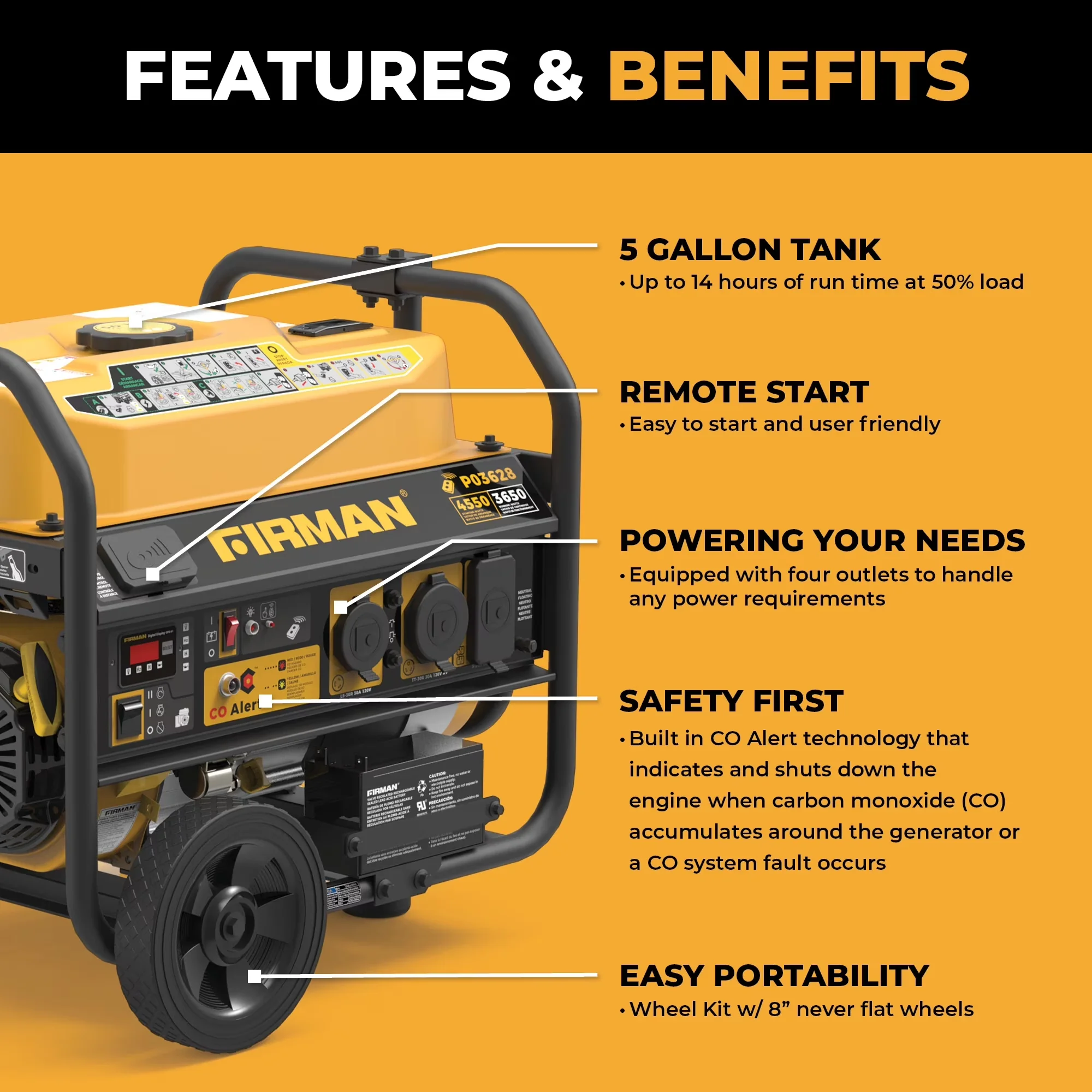 Generator Modern with 3650W, Black, Portable Gas Remote Start CO Alert - Model DD683A