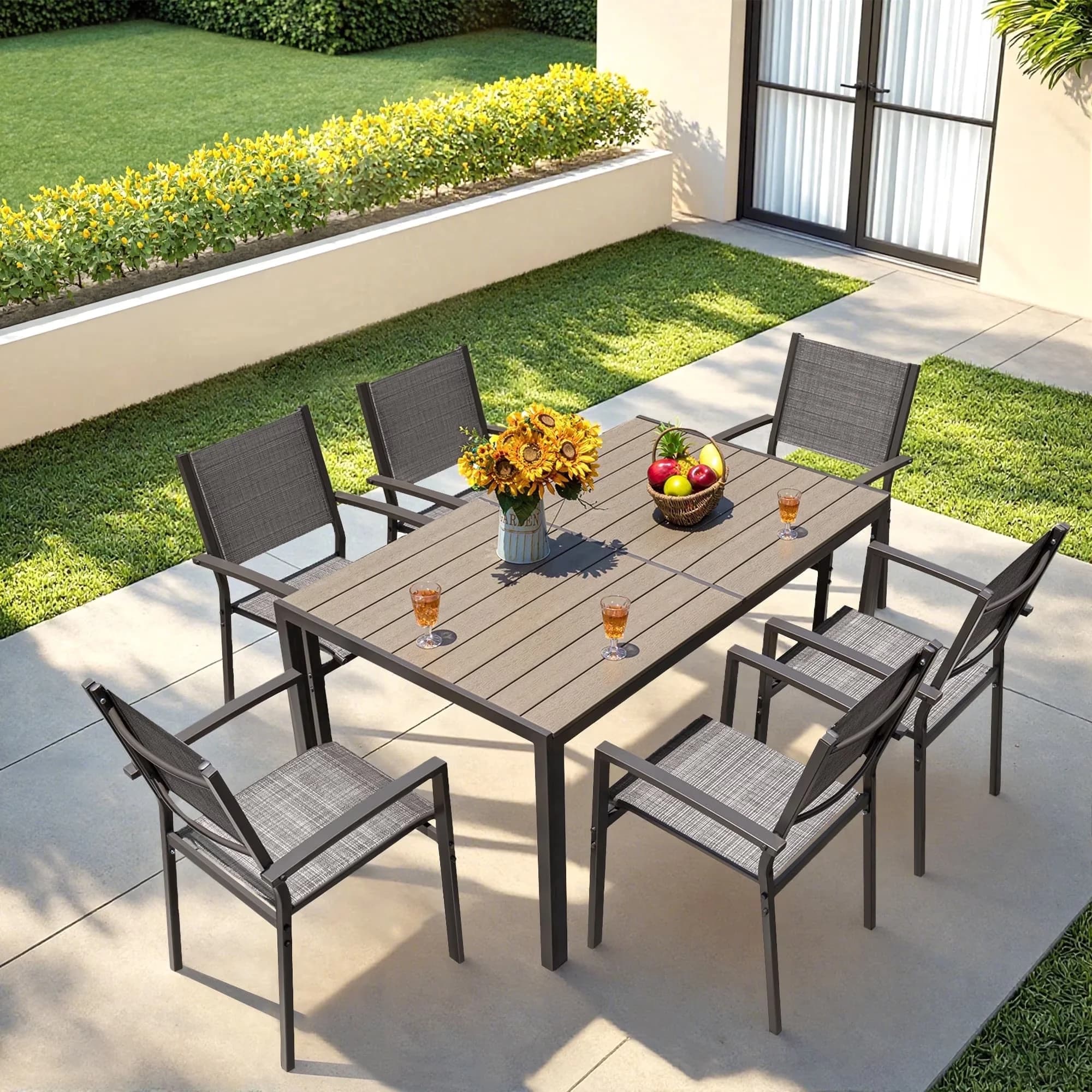 Compact Patio Dining Set with Weatherproof, Rectangular Table, 7 Pieces Outdoor - Gray Model 14A9D5
