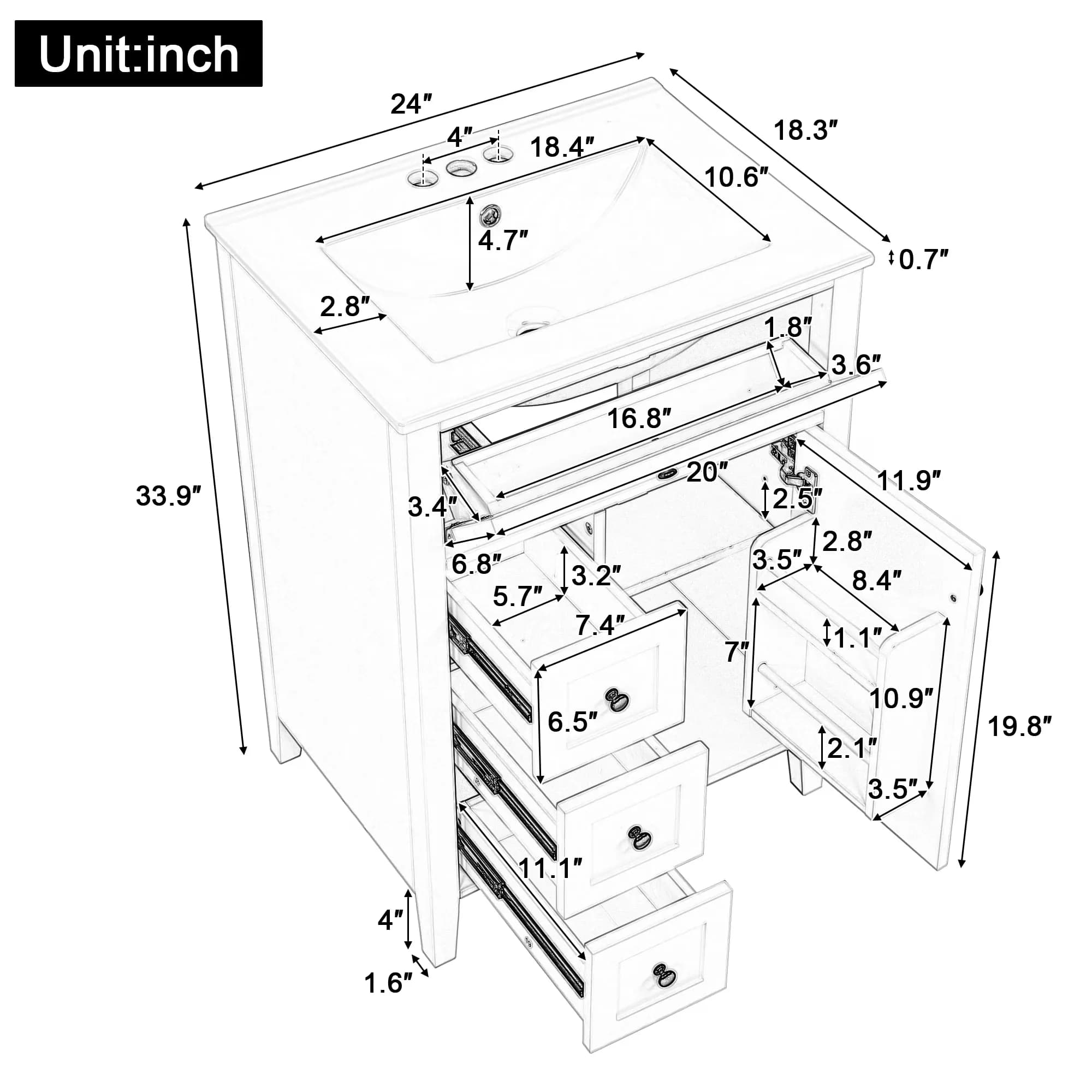 Bathroom Renovation Versatile with Drawers and Adjustable Shelf, Storage - Model 1E533F