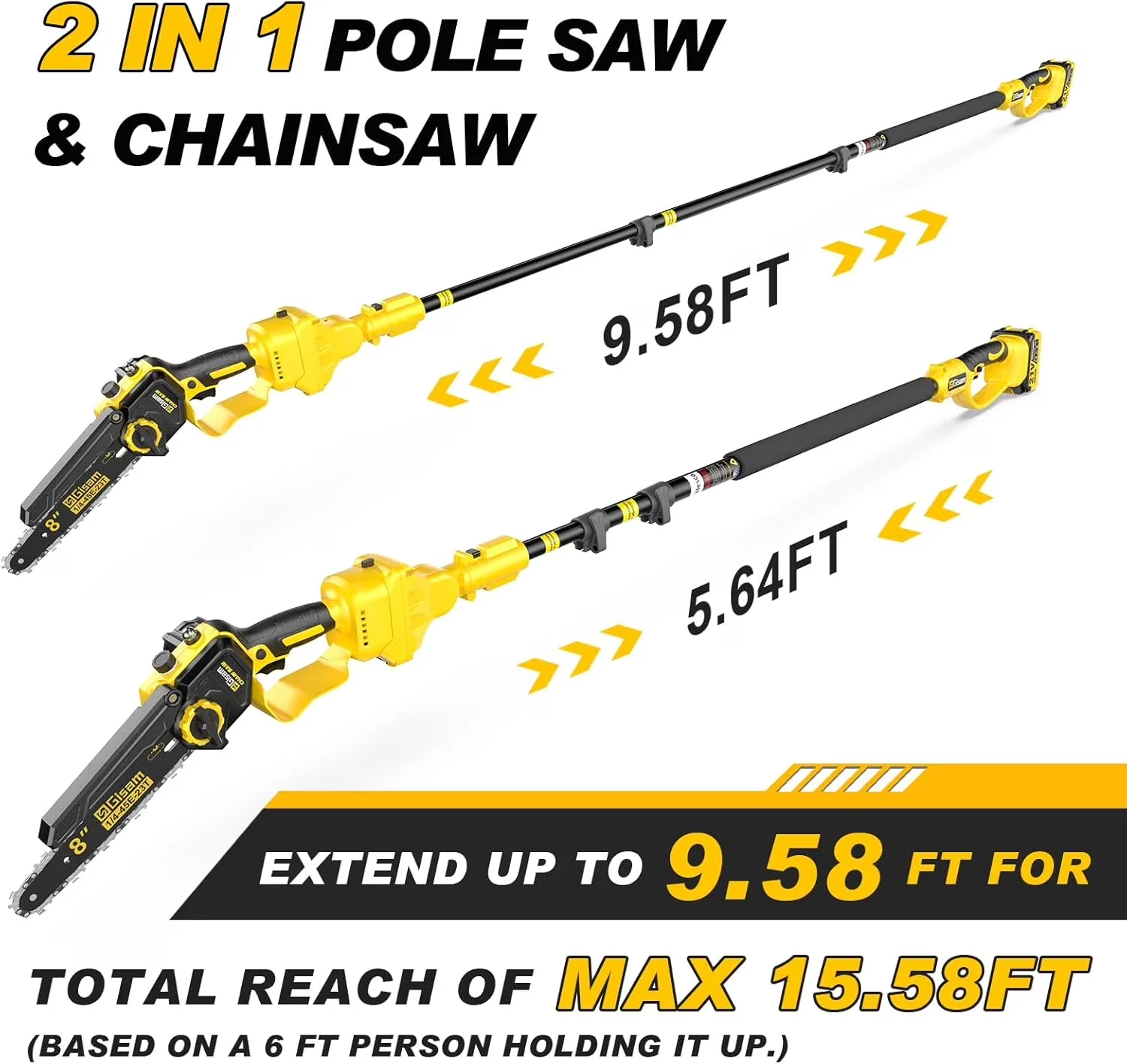 Pole Saw Sleek with Battery, 2-in-1 Electric Saws - 58 FT - Professional Series Model 77E512