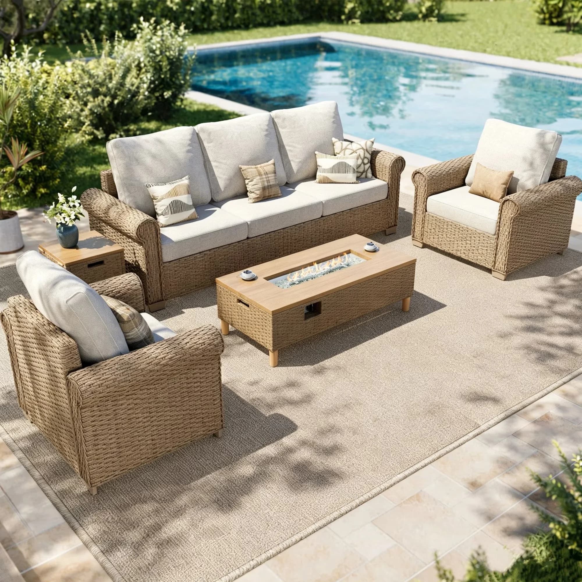 Patio Conversation Set Professional with Weatherproof, Beige, 5-Piece Outdoor - Pe Rattan, Steel, High-Density Sponge, Fabric Beige Model 6F26C4