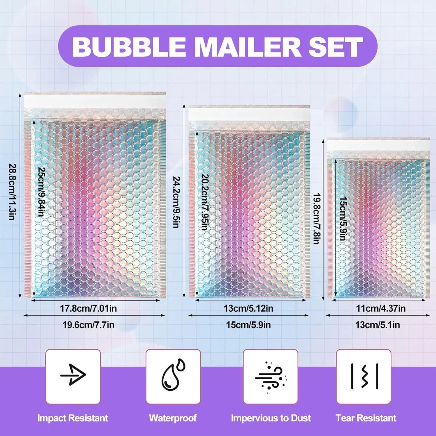 Sleek Moving with Adhesive Shipping Bag, Cushion Envelopes, Holographic Bubble Mailers - Silver for Small Model A8446C