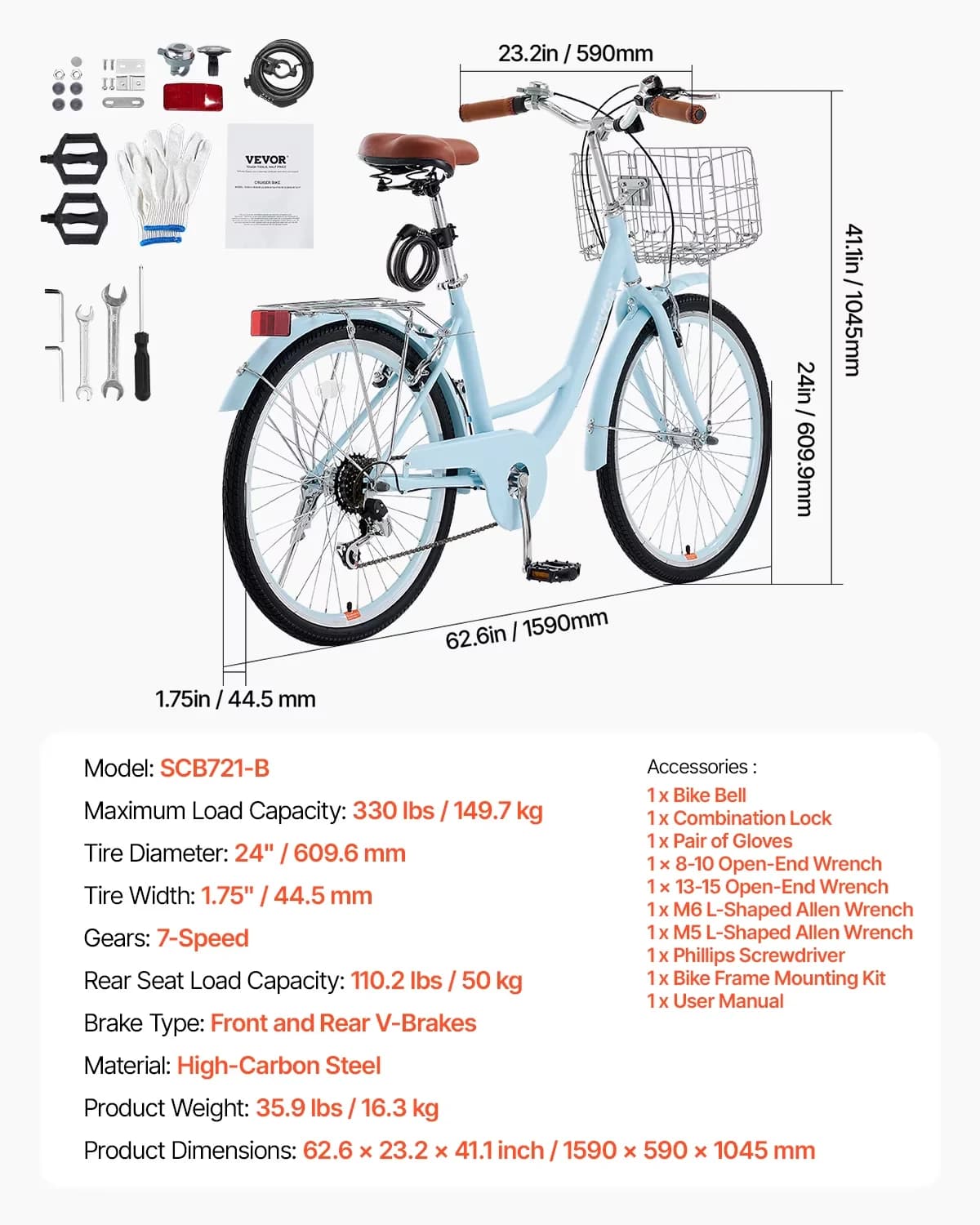 Cruiser Bike Premium with Adjustable, Security, 7-Speed - Light Blue 24 Model 20FD62