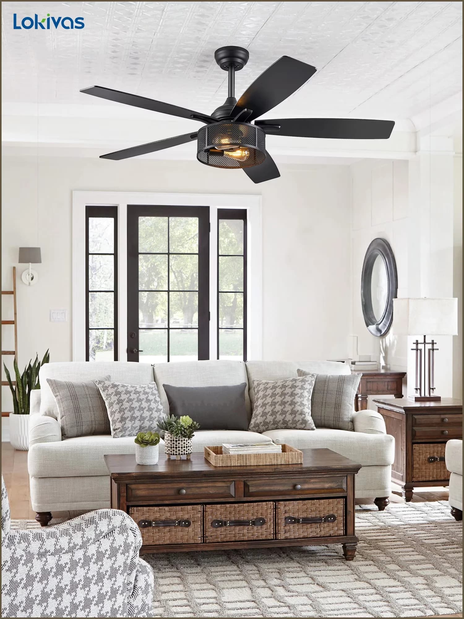 Stylish Ceiling Fan with LED, Farmhouse, Remote Controlled - Black Metal for Living Room, Bedroom Model 667D4F
