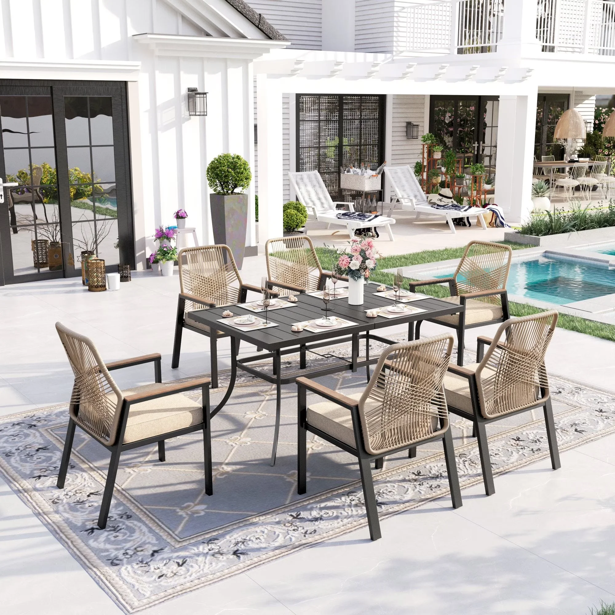 Professional Patio Dining Set with Modern, Weatherproof, Spacious seating - Metal, Polyester, Rattan Beige Model 3110ED