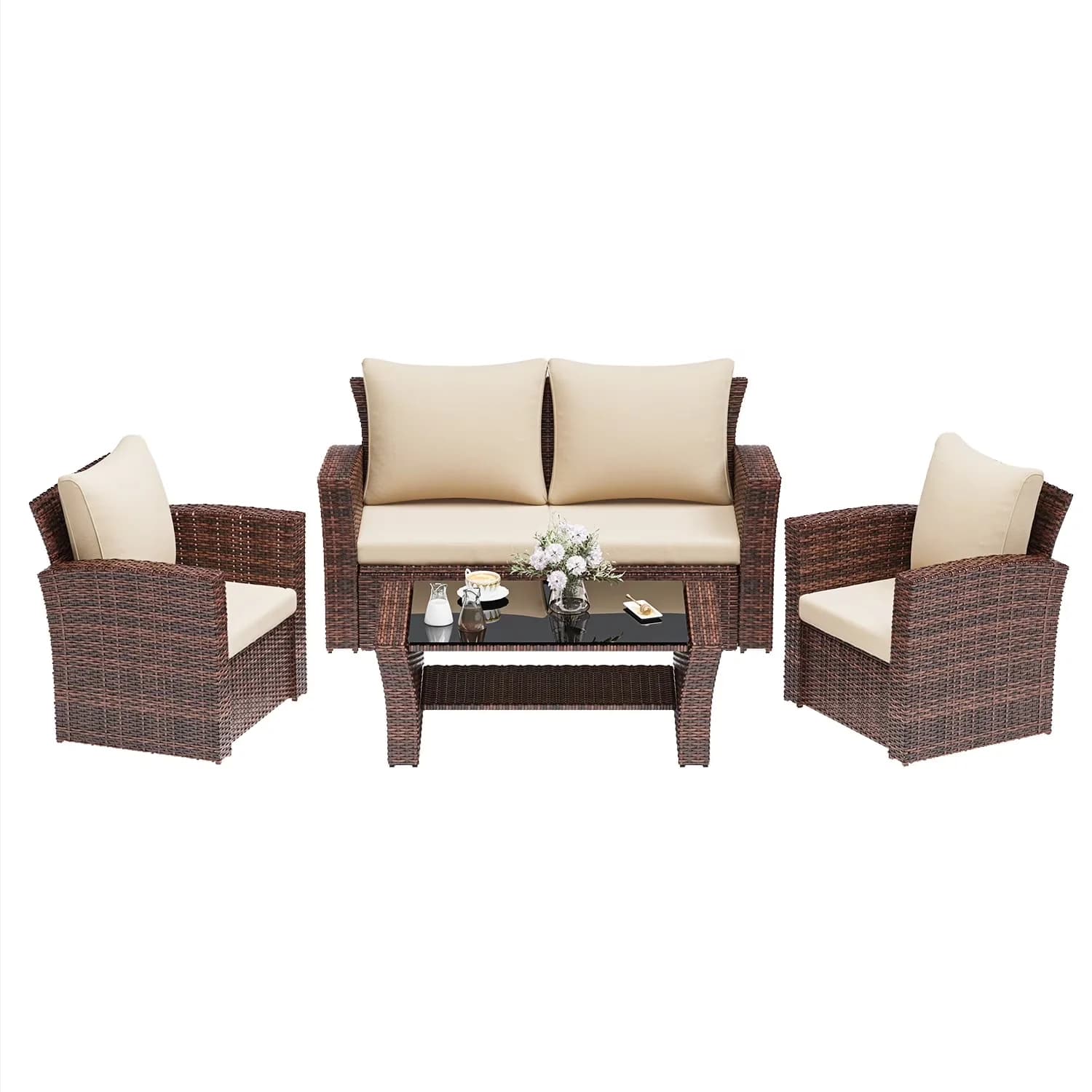 Essential Outdoor Sofas Sectional with Weatherproof, Wicker Conversation Set - Wicker, Rattan Brown Model F01B87