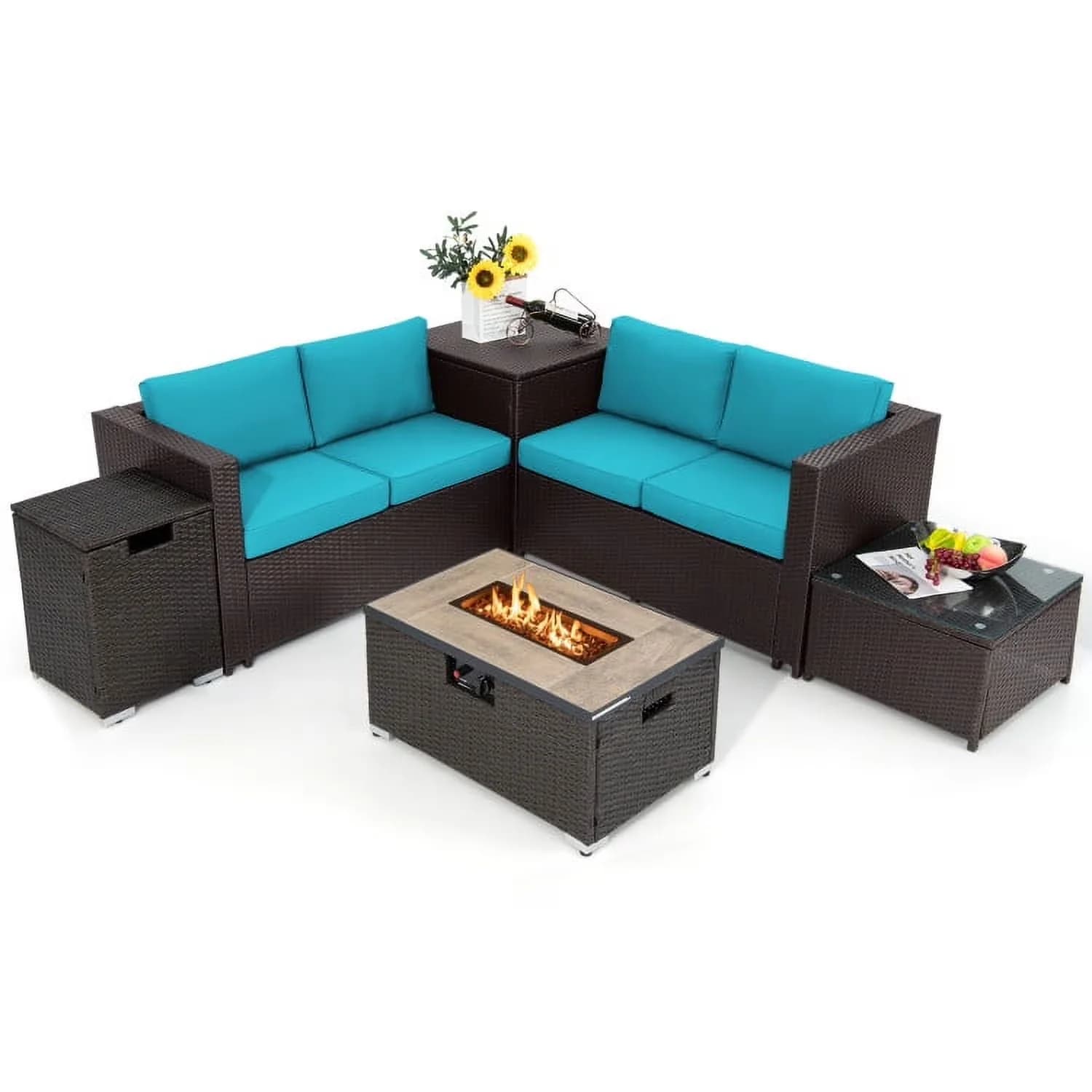 Patio Conversation Set Modern with Storage, Sets, Turquoise - Turquoise Pe Rattan, Metal, Polyester, Sponge, Tempered Glass Model CFE8BC