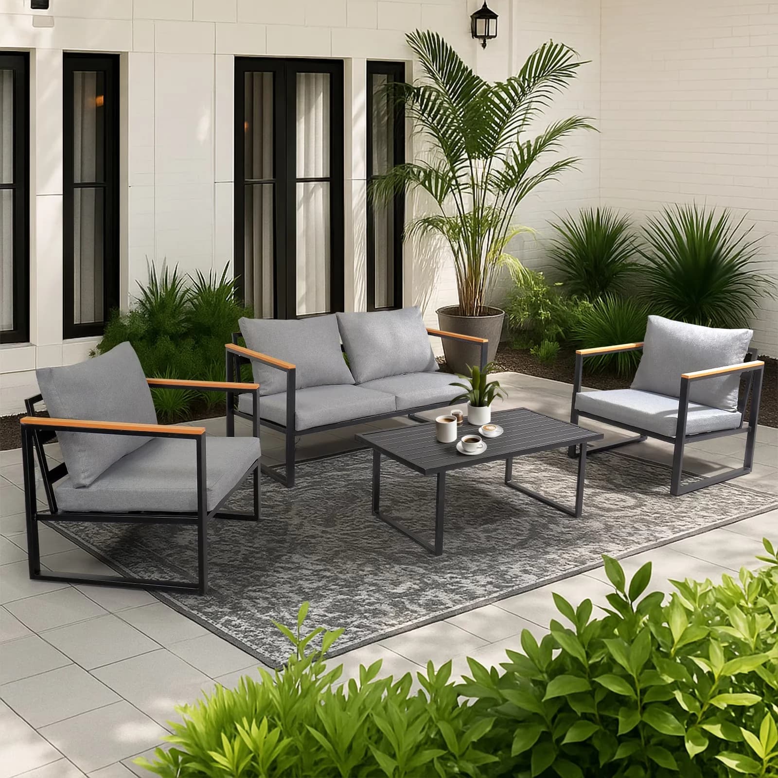 Modern Patio Conversation Set with Weatherproof, All Weather Backyard Sectional Sofa - Gray Iron Model 1CEDB0