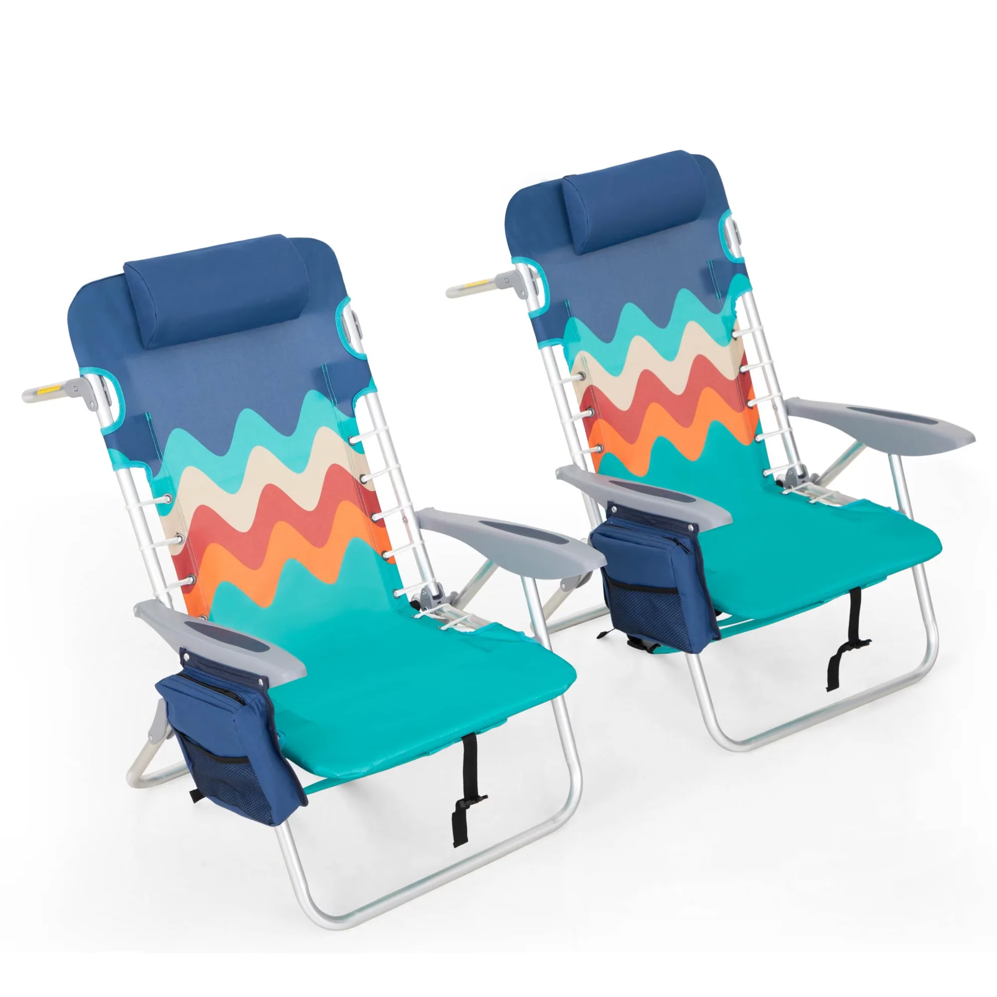 Premium Beach Chair with Folding, Blue, 4 Adjustable Positions & Cooler Bag - Blue Model 2EFFD9