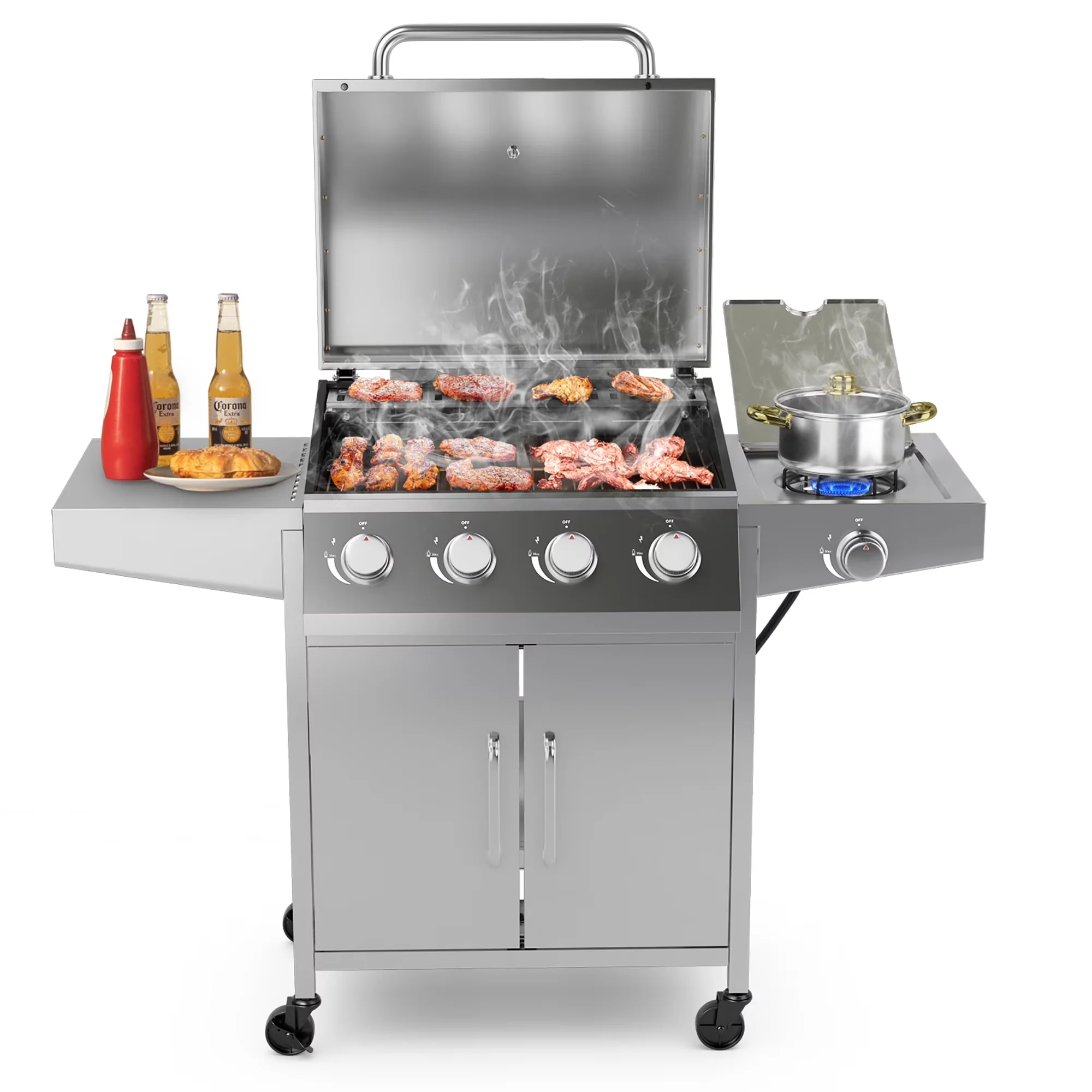 Innovative Gas Grill with Rust Resistant, Thermometer and Prep Table, 5-Burner Silver Propane - Stainless Steel, Chrome-Plated Metal... Model 53FA73