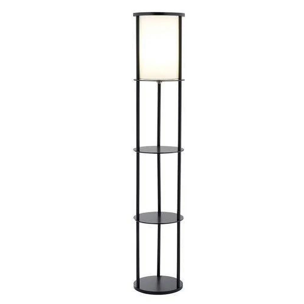 Efficient Floor Lamp with White Shade, Modern Asian Style Round Shelf in Black - Mdf Model 3ADED3