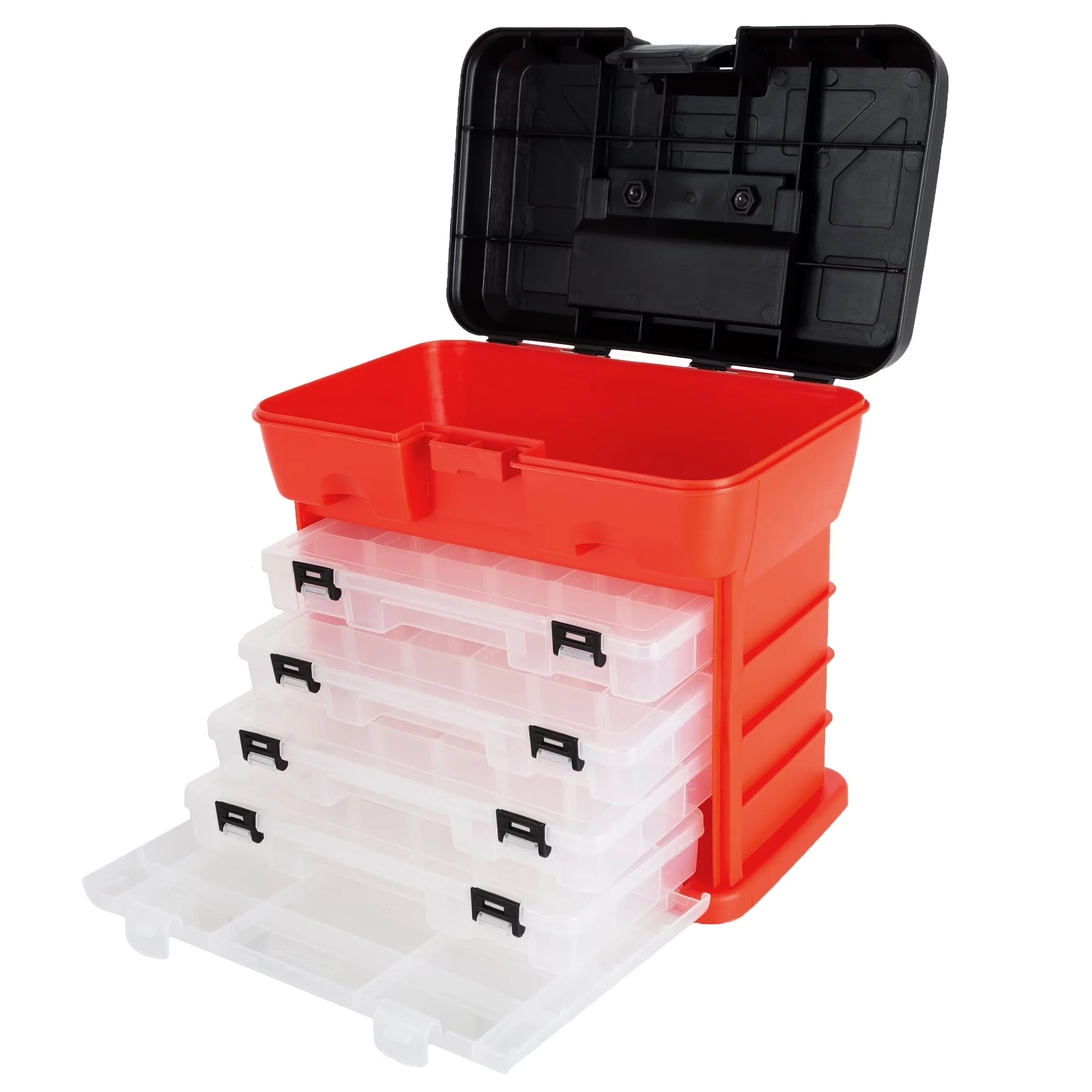 Essential Toolstorage with Storage, 4 Multi-Compartment Trays, Portable Tool Storage Box - Plastic Red Model D07072