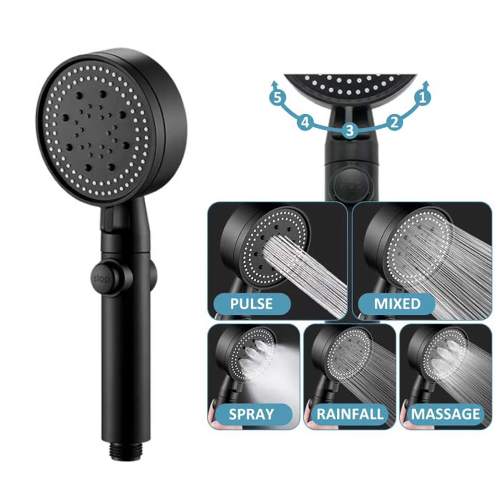 Compact Shower Head with Easy To Install, Hose and on off Switch, 5 Setting High Pressure Handheld - Abs Shower Head Model 6334ED