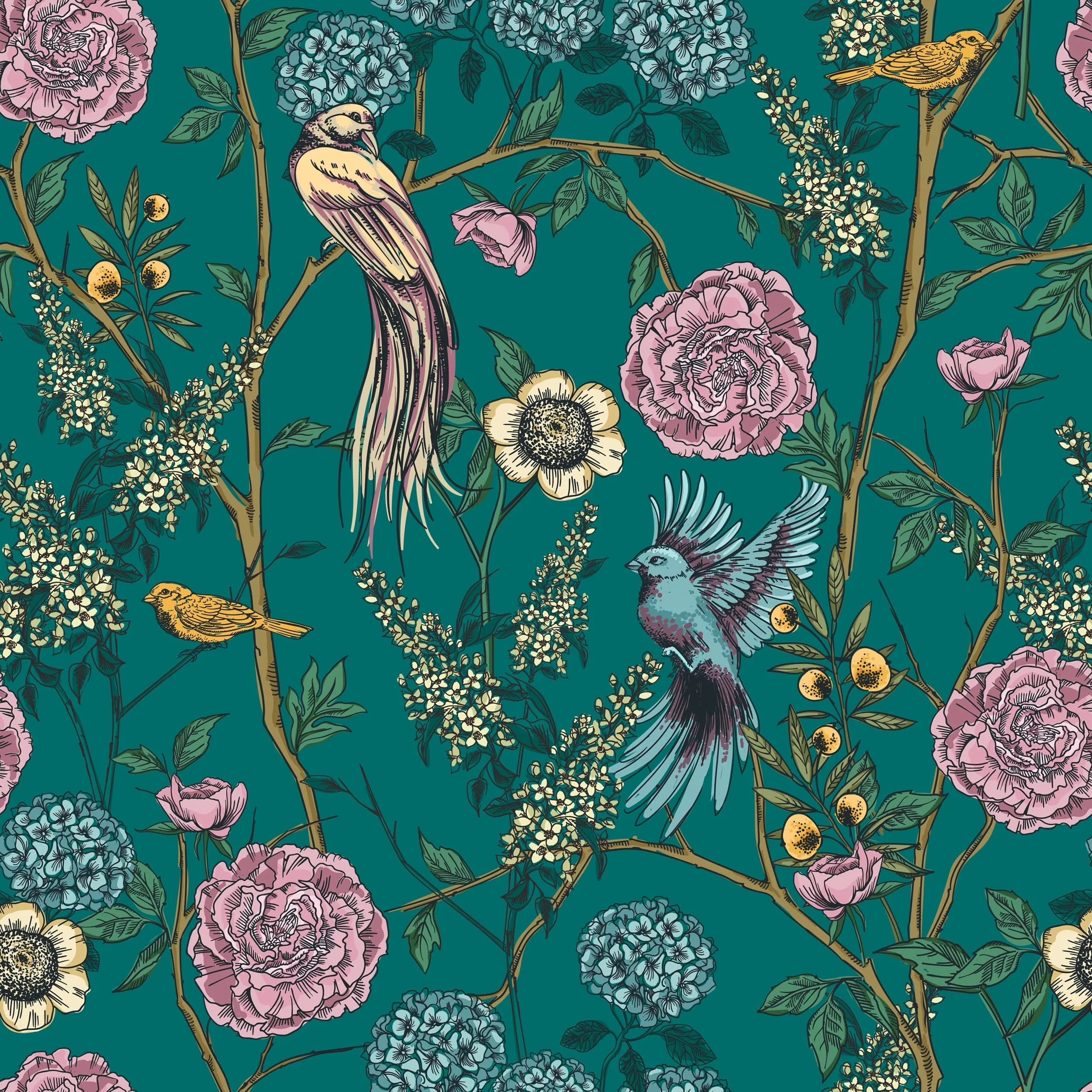 Stylish Wallpaper with Removable, Pine Floral and Birds, Removable Peel and Stick - Vinyl Green Model 9A3285