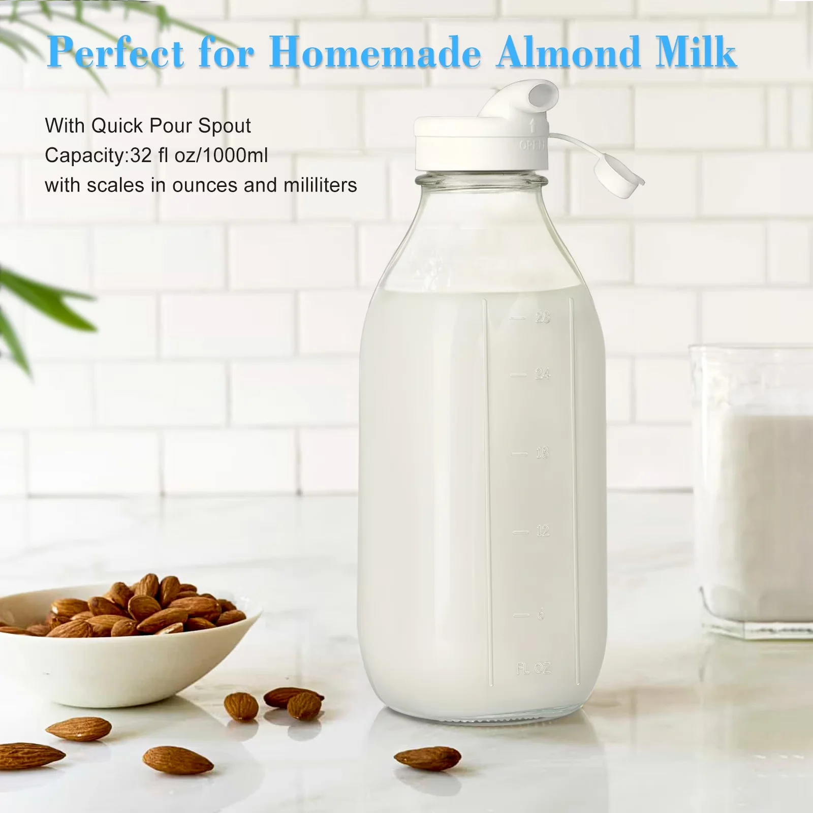 Compact Water Filtration with Syrup, 2 Pack Glass Milk Bottle, 2 Dispenser Caps - Glass Model 68E08B