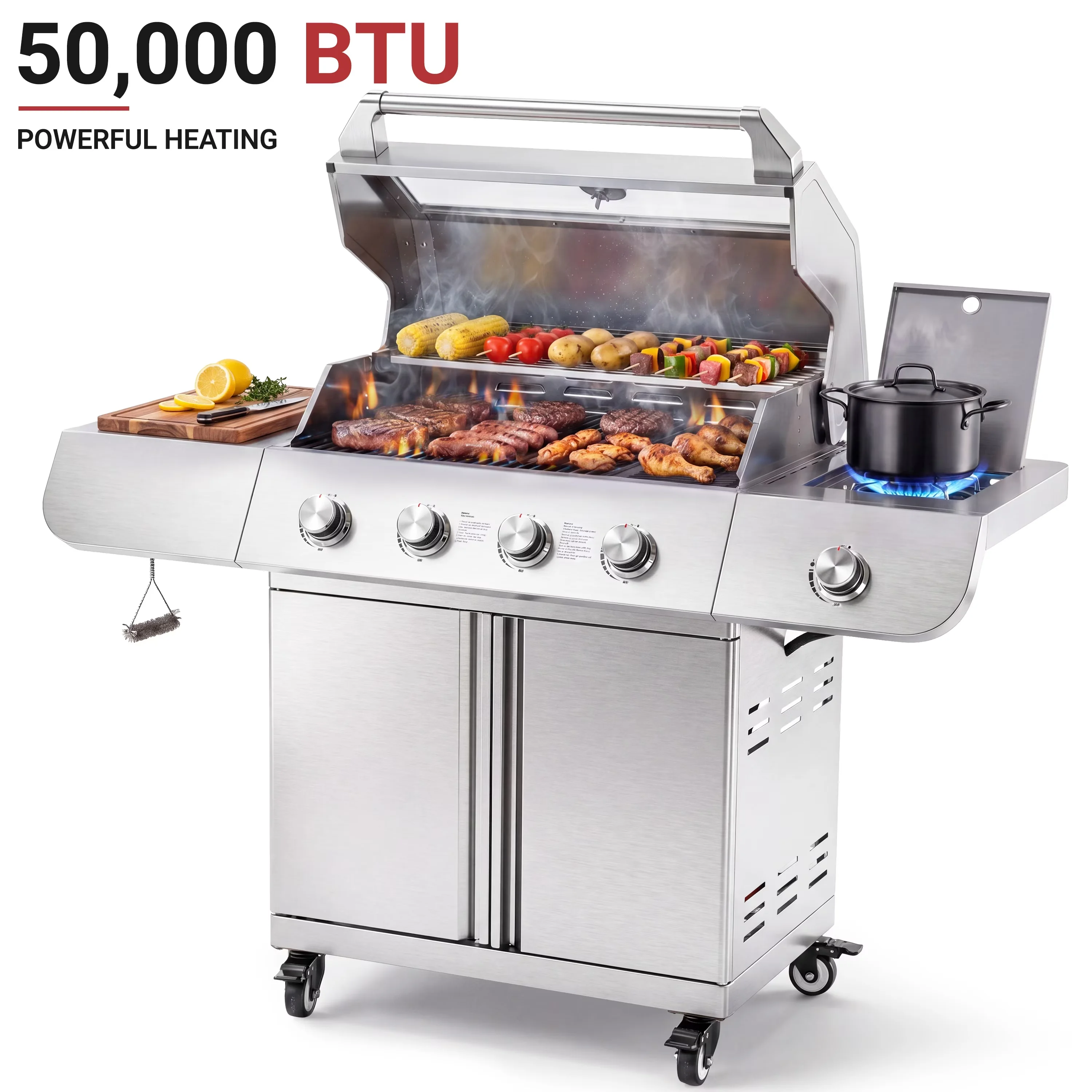 Versatile Gas Grill with 50000 BTU, Tool Holder - Silver Stainless Steel, Porcelain-Enameled Cast Iron for Patio, Camping Model 7EE25A