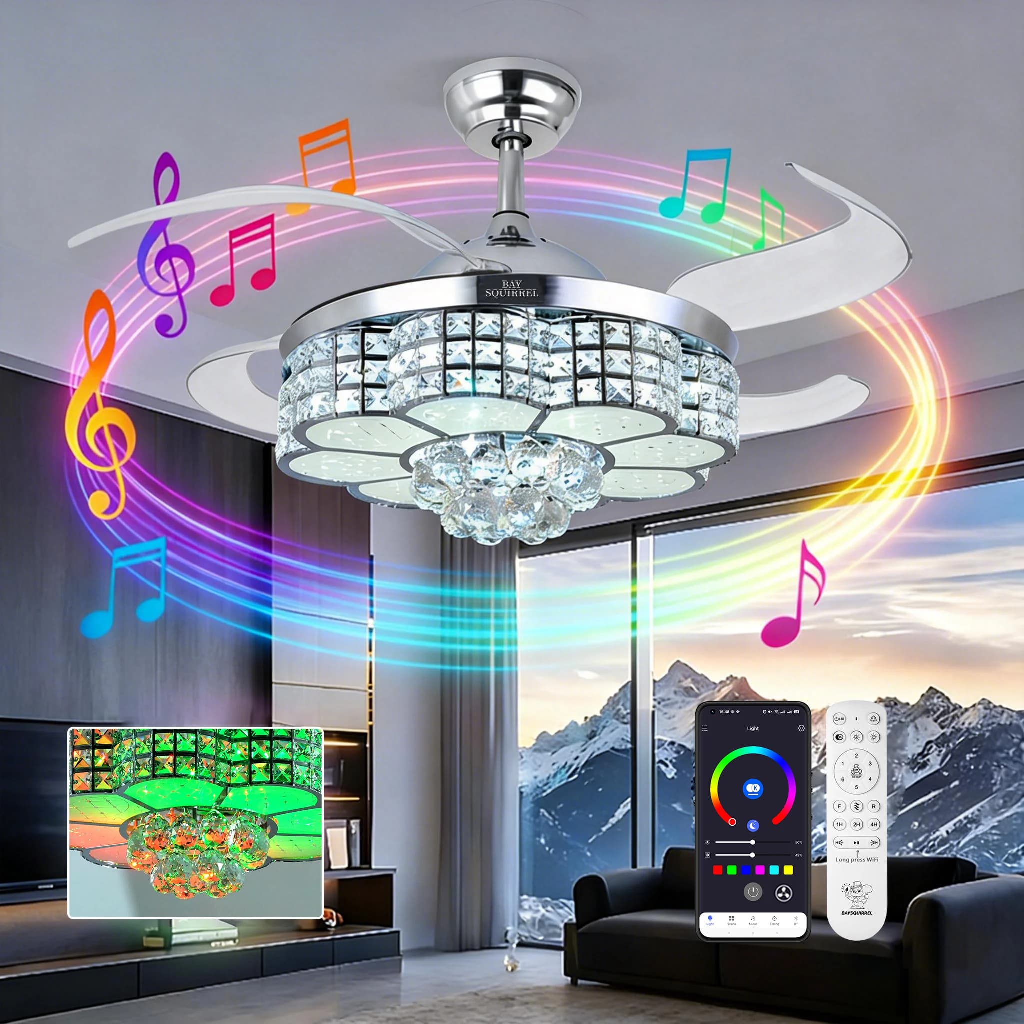 Sleek Ceiling Fan with LED, Industrial, Bluetooth Speaker - Silver Retractable Model 447513