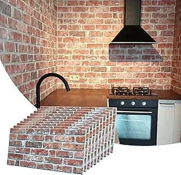 Premium Wallpaper Wall Decals Wall Covering with Stain Resistant, Red Brown Stone Look Paneling, 3D Panels Brick Effect - Red Model 575F5E