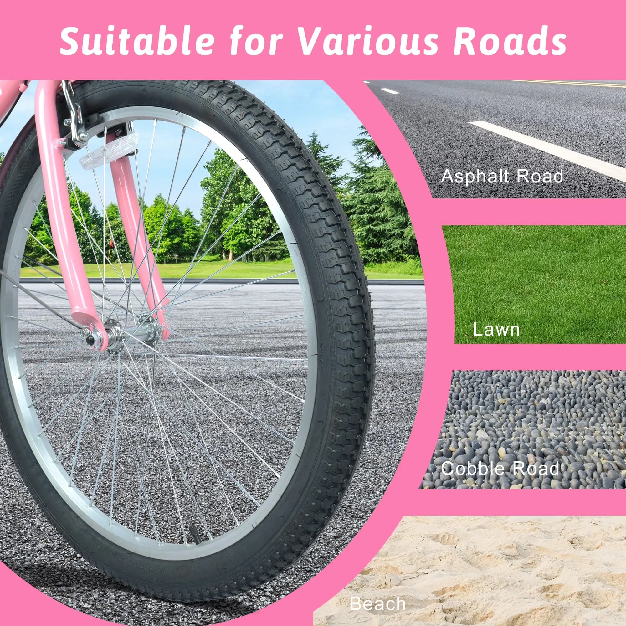 Cruiser Bike Durable with Adjustable Speed, 26" Beach - Pink - Standard Series Model 0F8DBB