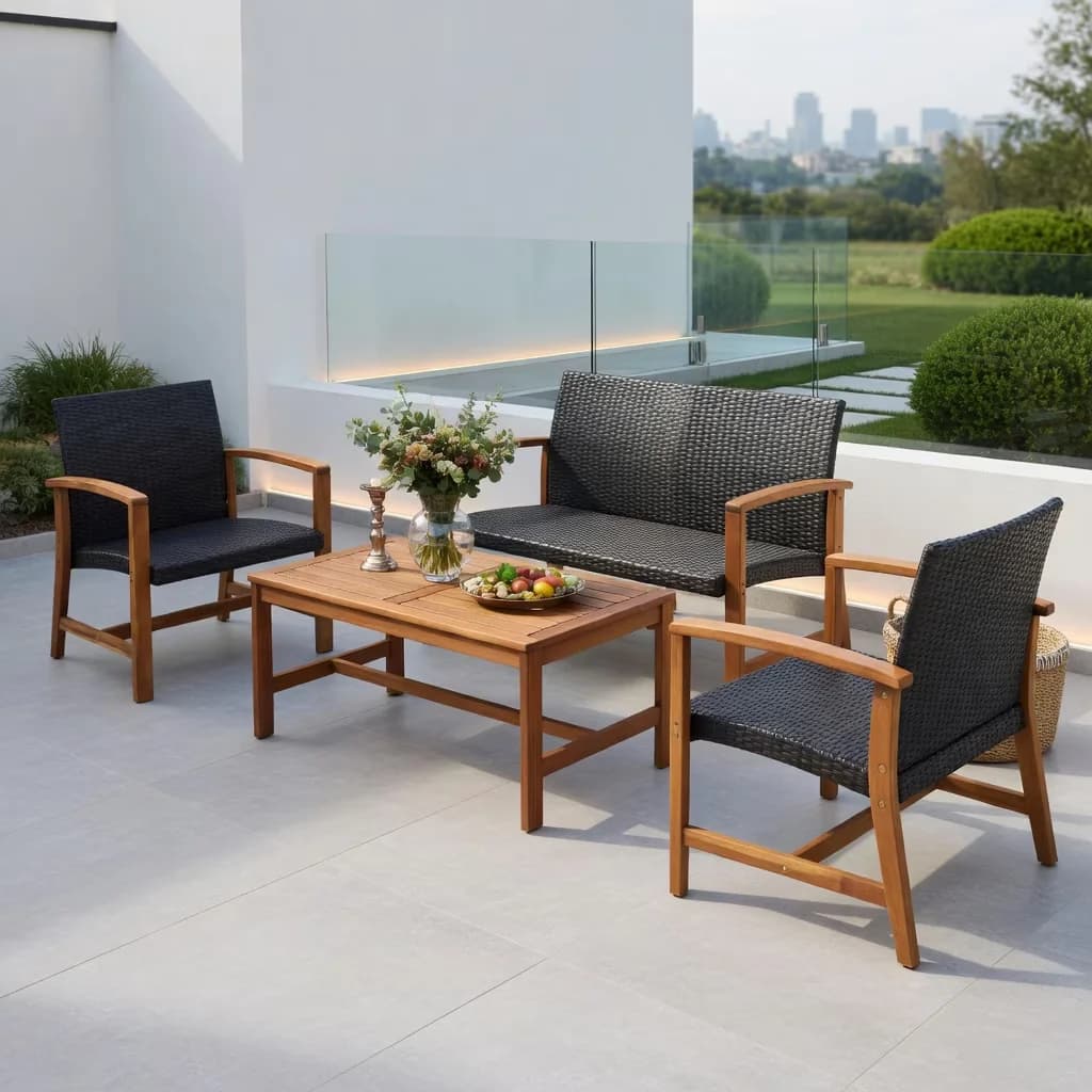 Stylish Patio Conversation Set with Weatherproof, 3 Pieces Rattan Bistro Furniture - Brown Pe Rattan, Acacia Wood, Stee Model 3B3CC7