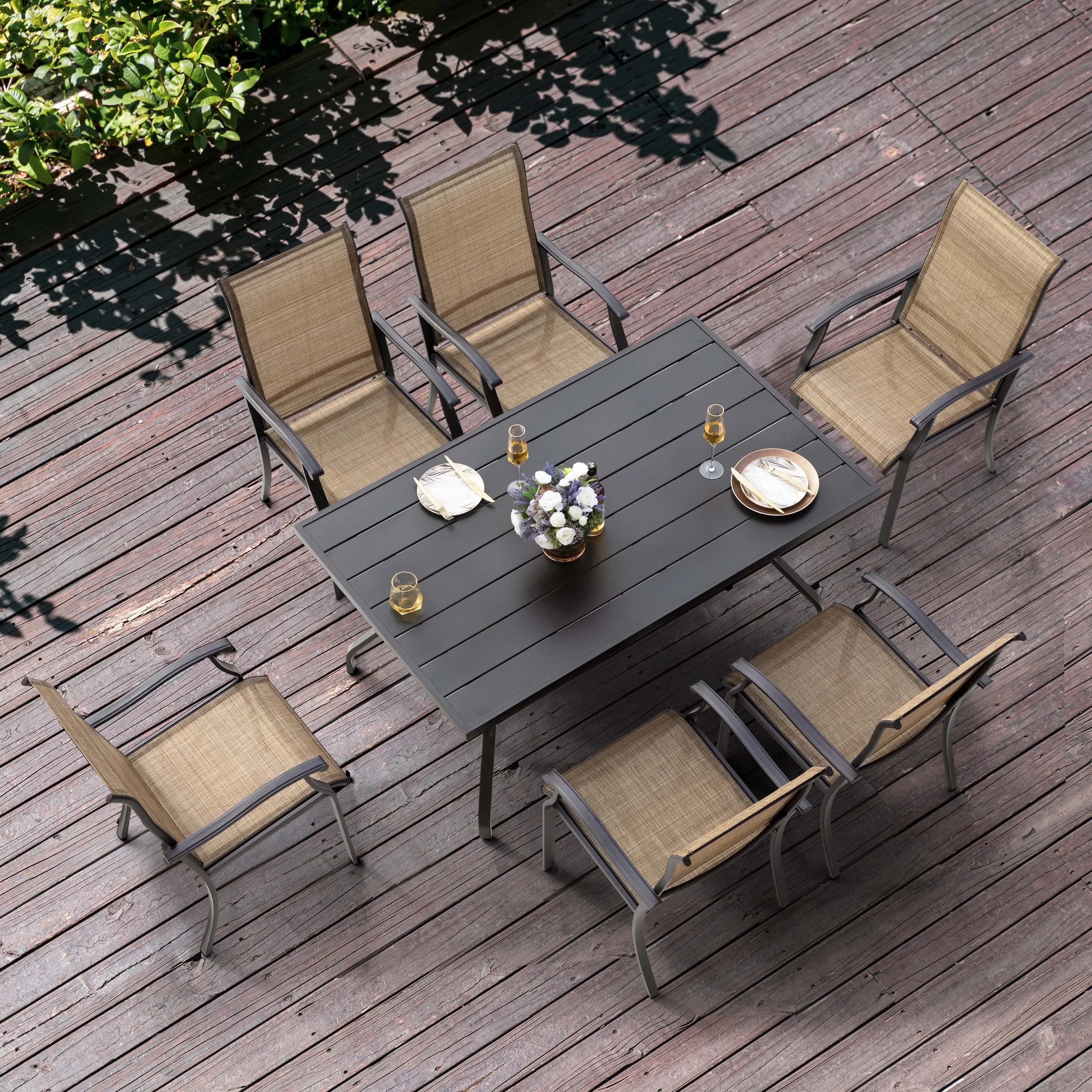Classic Patio Dining Set with Glam, 7 Pieces, All-Weather Outdoor Furniture - Textilene Brown Model 6D99F4