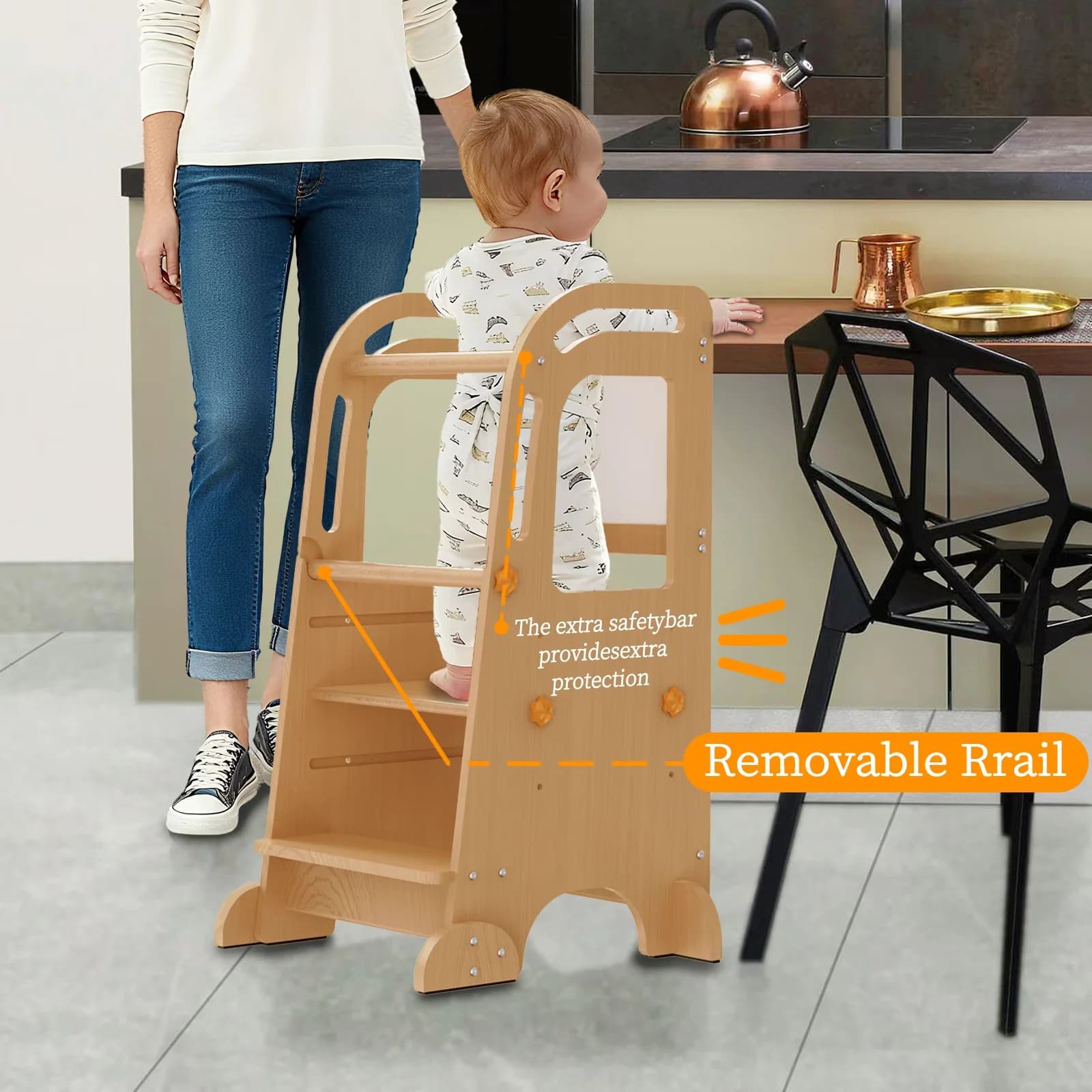 Compact Ladders And Step Stool with Adjustable Height, Chalkboard, Toddler Tower - Off-White Wood Model C3D23D
