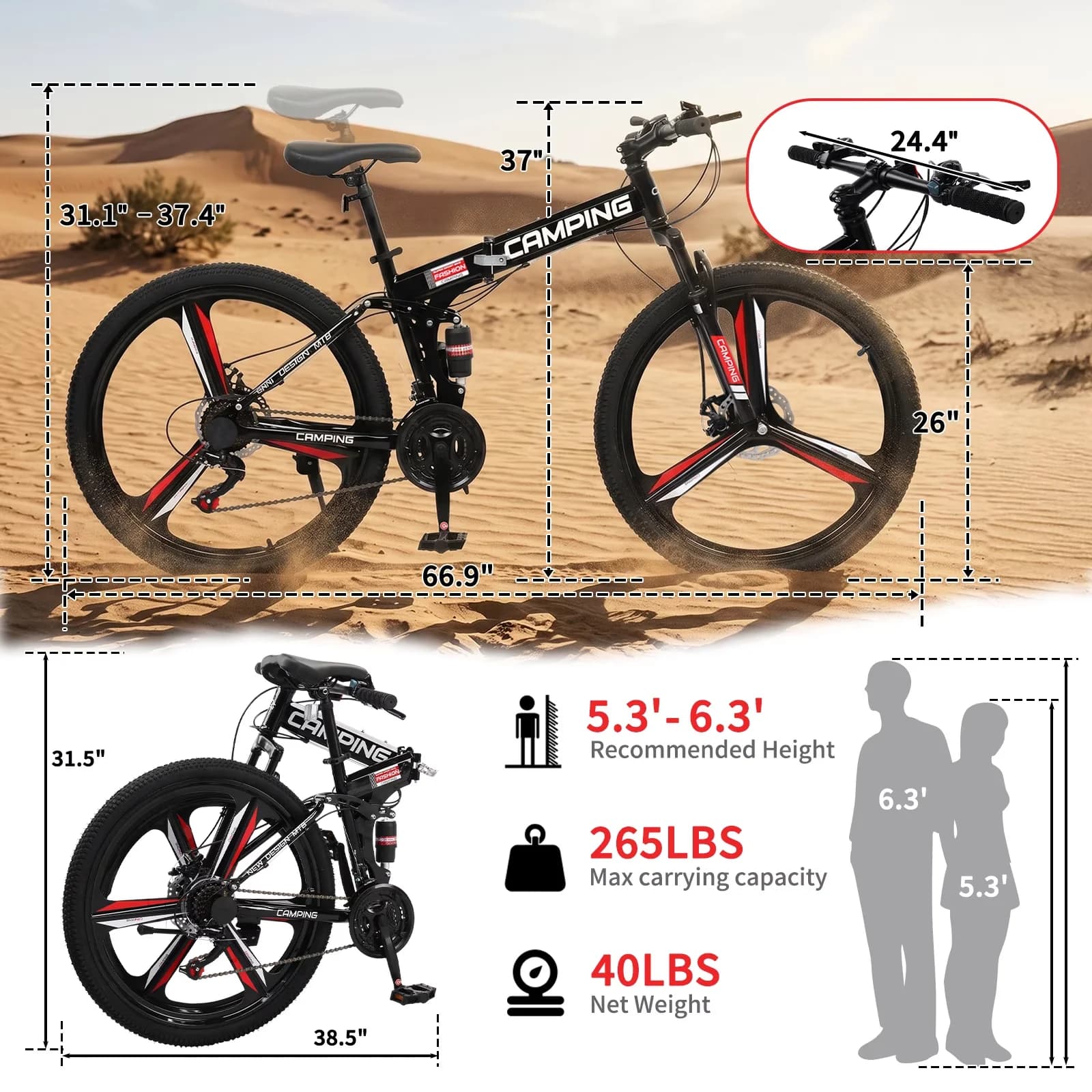Efficient Mountain Bike with Compact, Adjustable Speed, 26" Folding - Black Model 5FA86B