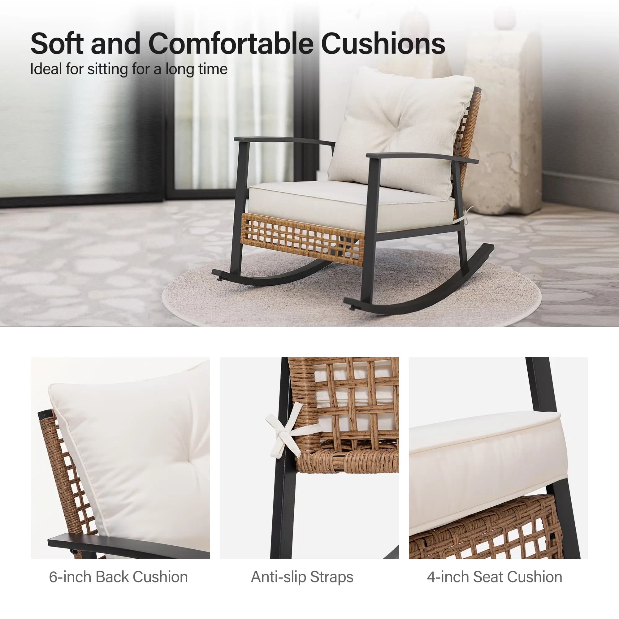 Versatile Patio Chair with Removable Cushion Cover, Quick Dry, Removable Cushions - Pe Rattan, Iron Model C31E5A