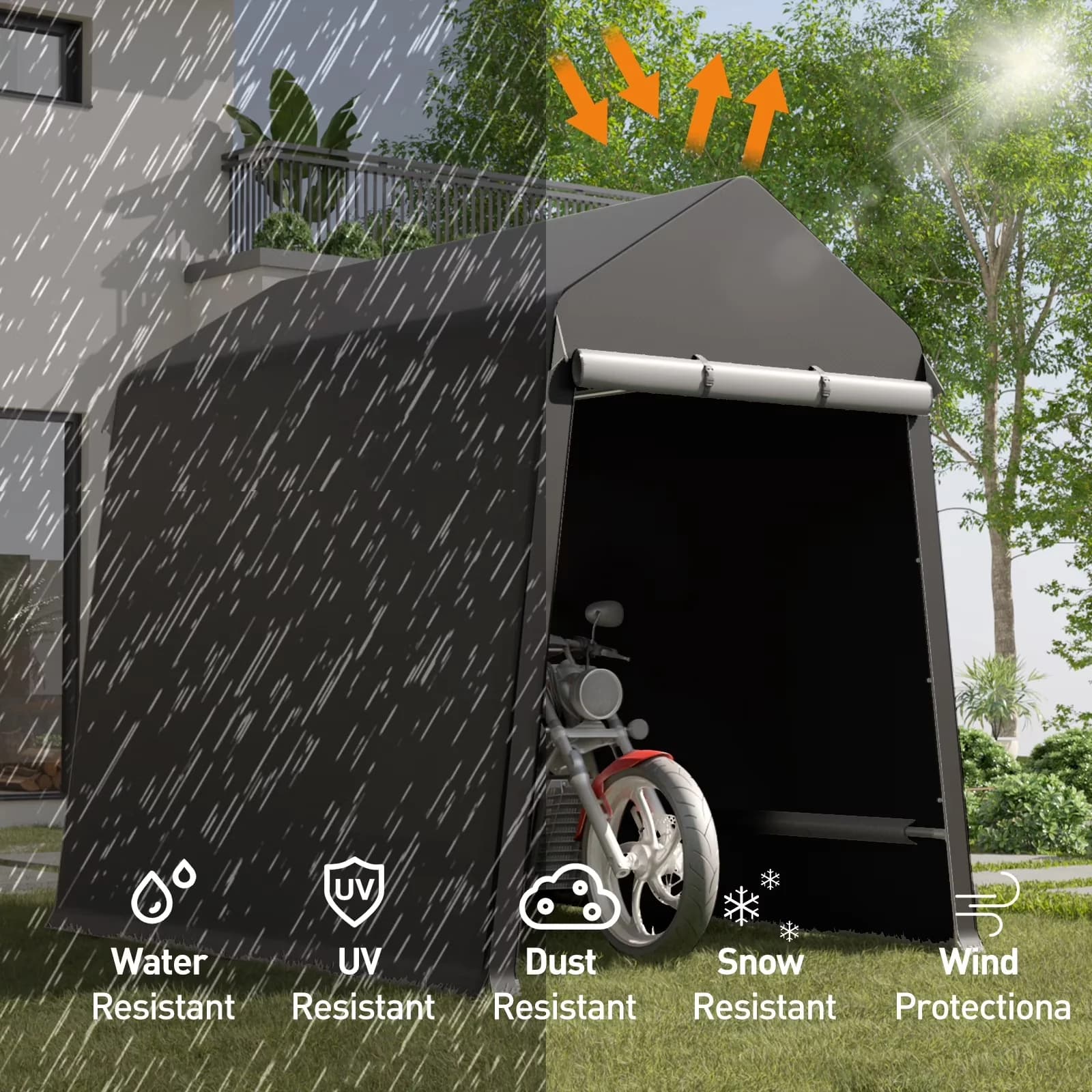 Compact Shed with Waterproof, Roll-Up Door & Vents, 6x8 FT Outdoor Storage Shelter Tent - Black Steel, Polyethylene for Garden Model E6FD20