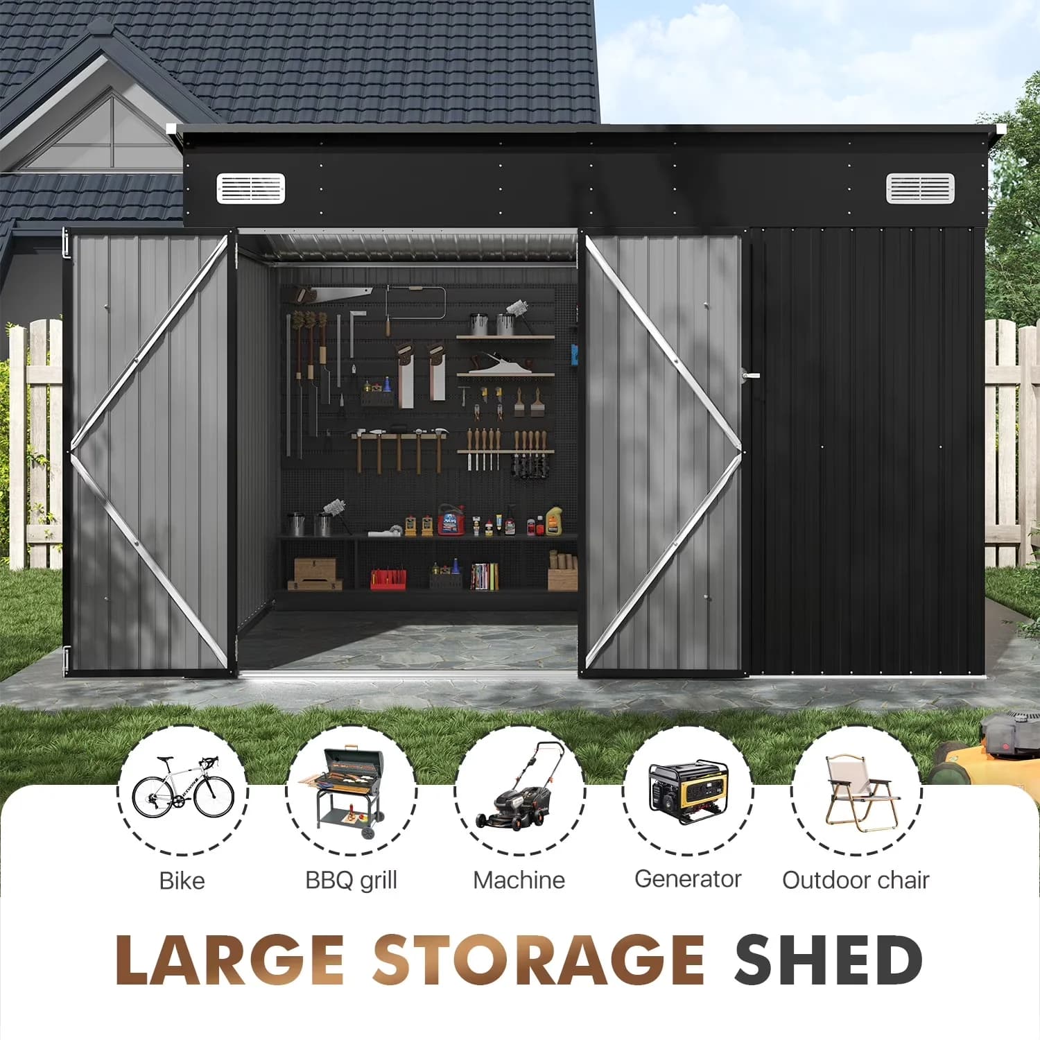 Innovative Shed with Water-Resistant, Triple Doors & Vents - Black Metal Model 7756DC