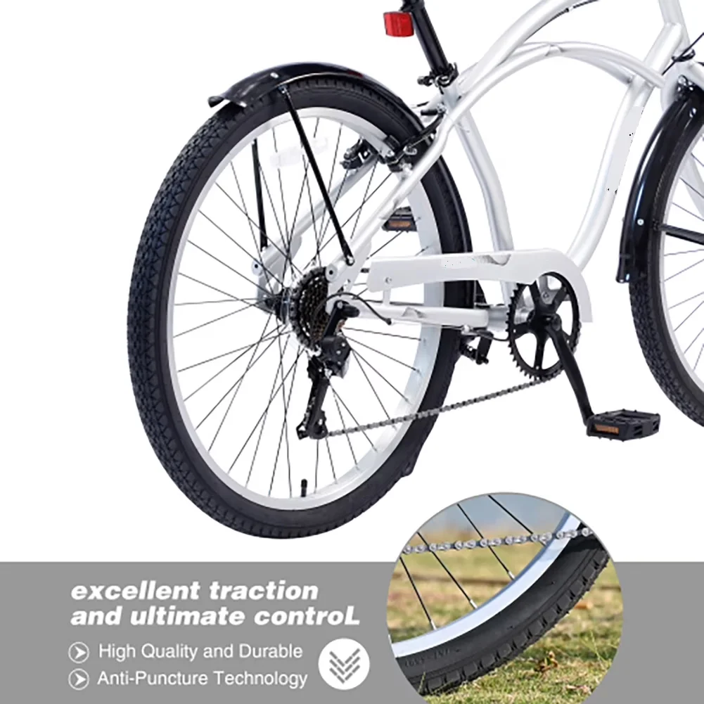 Versatile Cruiser Bike with Front Rear Wheel V Brake, 26 Inch Beach, 7 Speed Drivetrain bicycle - Silver Model 6FD1F6